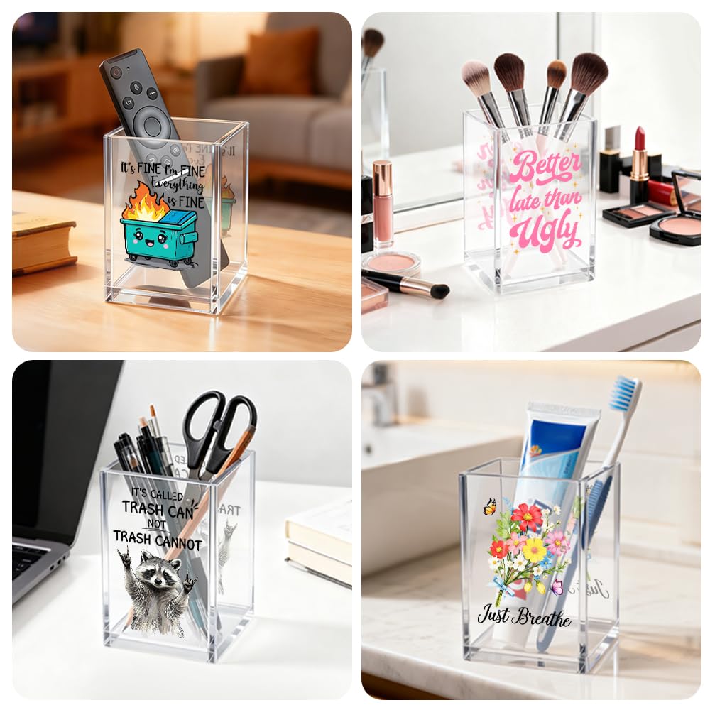 Gkodw Dragonflies Symbolize Our Ability Acrylic Pen Holder Cosmetic Organizer, Funny Dragonfly Pen Pencil Holders for Desk, Desk Accessories Office Gifts for Dragonfly Lover Teacher Coworker Daughter