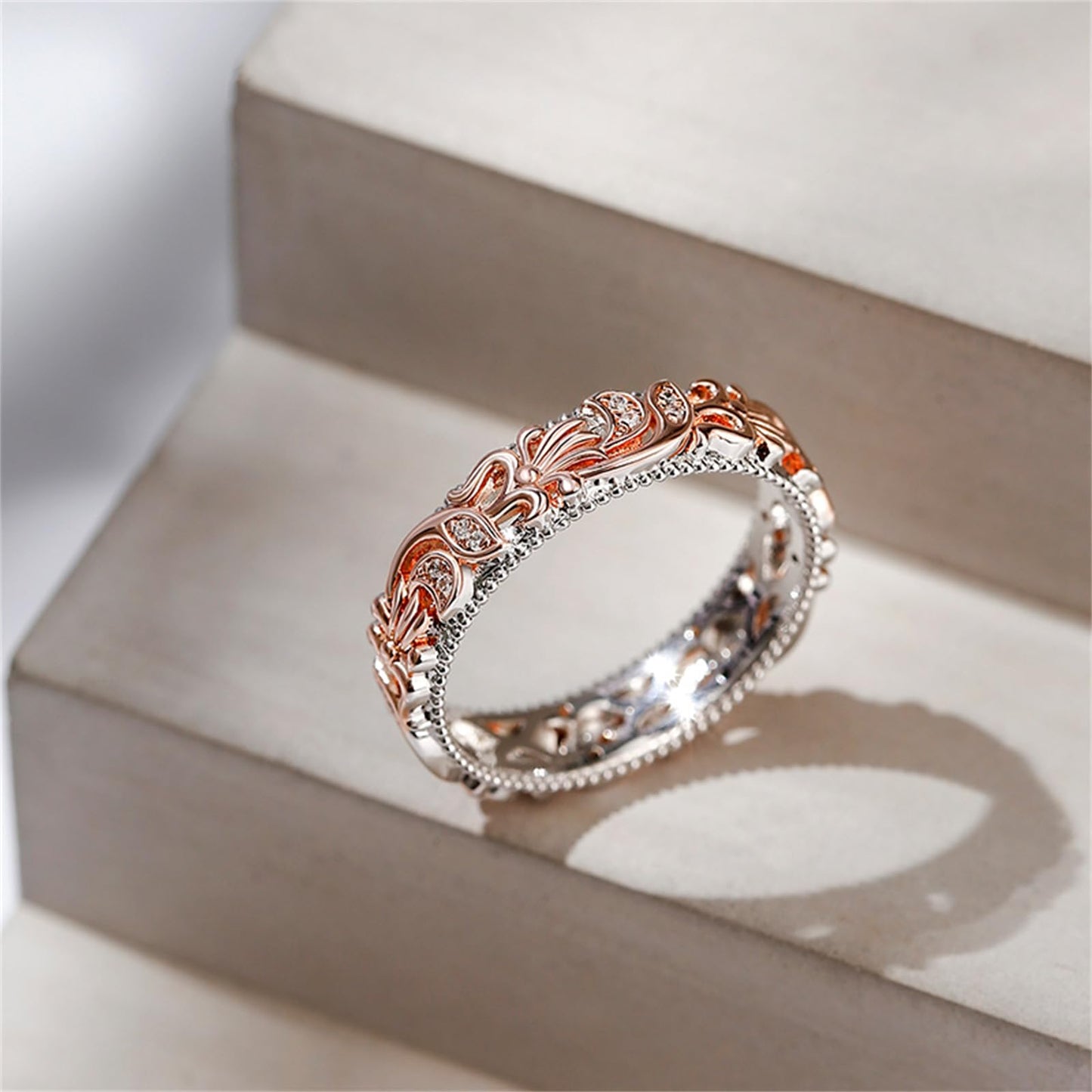 Jeulia Floral Ring Band Sterling Silver Two Tone Leaf Carved Vintage Unique Hollow Flower Rose Gold Jewelry Engagement Wedding Bridal Sets Stackable Anniversary Promise with Gift Box (Floral, 10.5)