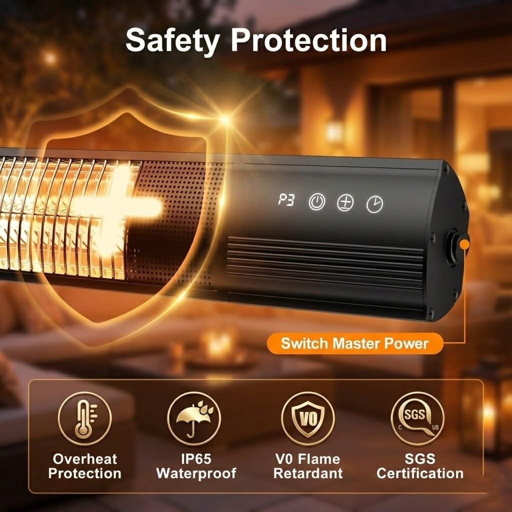 YESERLI Electric Patio Heater, 1500W Wall Mounted Outdoor Heater with Remote Control & 24H Timer, IP65 Waterproof Carbon Infrared Heater for Backyard, Gazebo, Garage and Restaurant