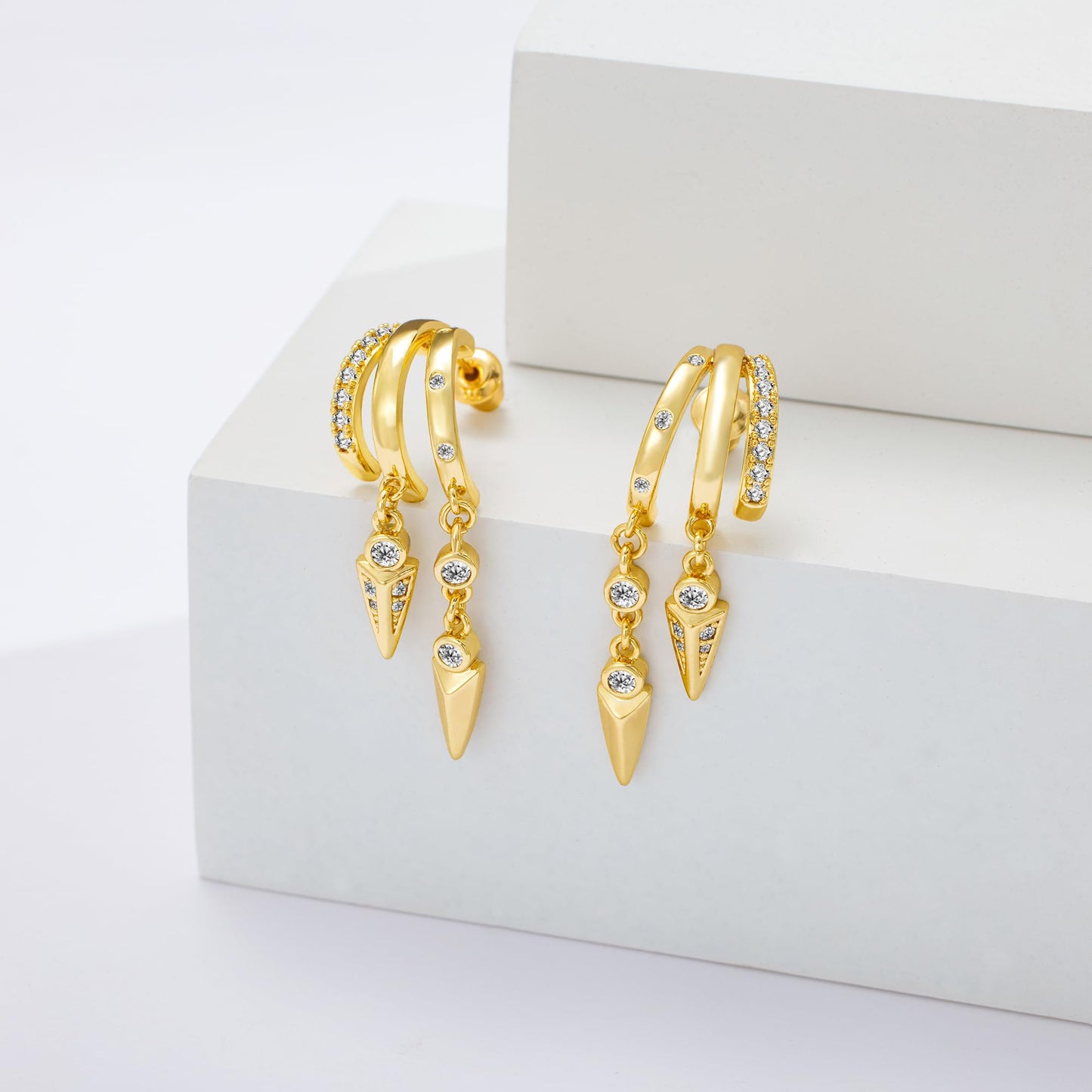 Freekiss Dainty Gold Dangle Huggie Earrings for Women, Simple 3 Hoop Illusion Drop Stud Earring Set with CZ, 14k Gold Plated Minimalist Hypoallergenic Everyday Womens Jewelry