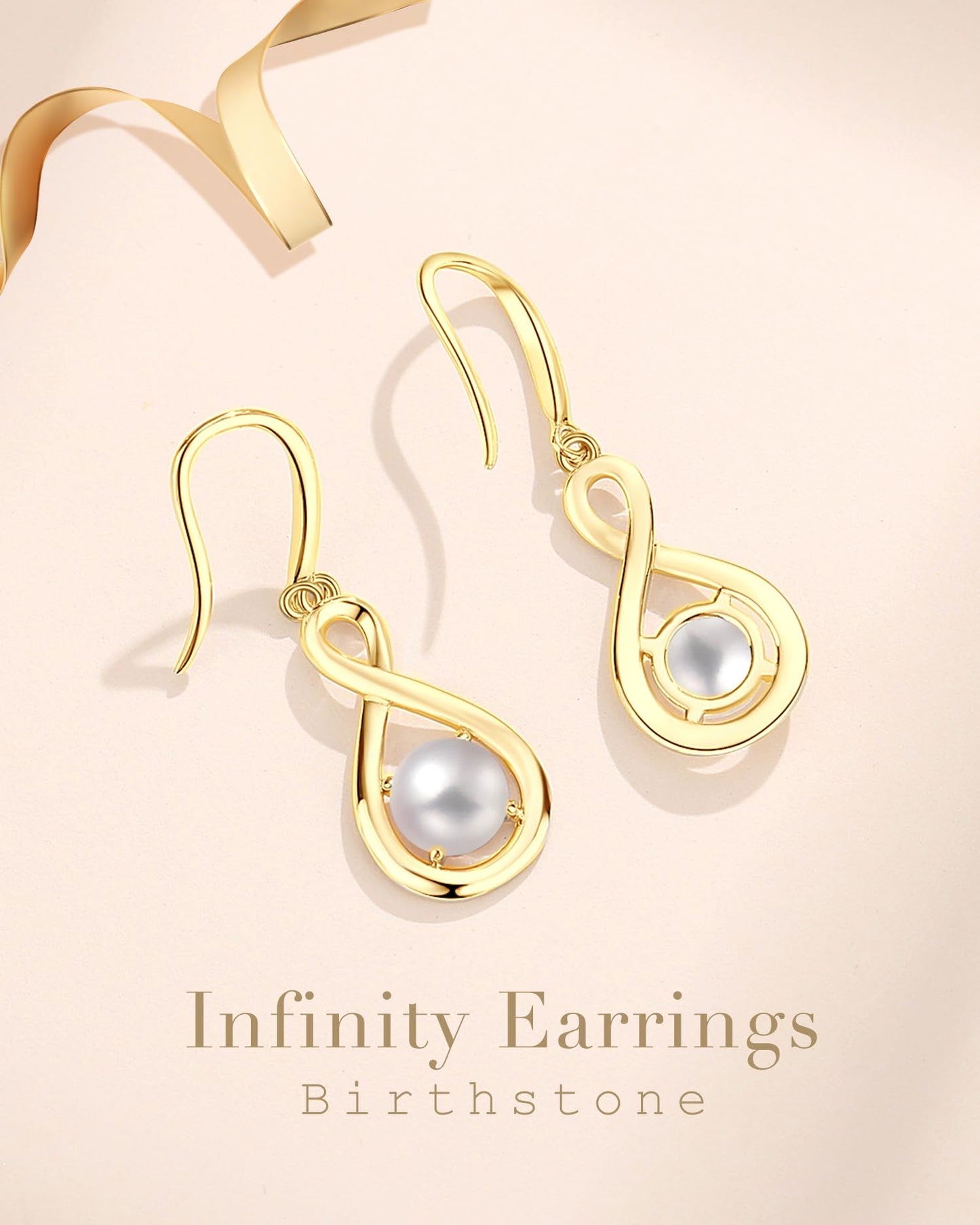 FANCIME White Pearl Dangle Drop Earrings 925 Sterling Silver Yellow Gold Plated Dainty Infinity June Birthstone Earring Fine Jewelry Birthday Mothers Day Gifts for Mom Her Women