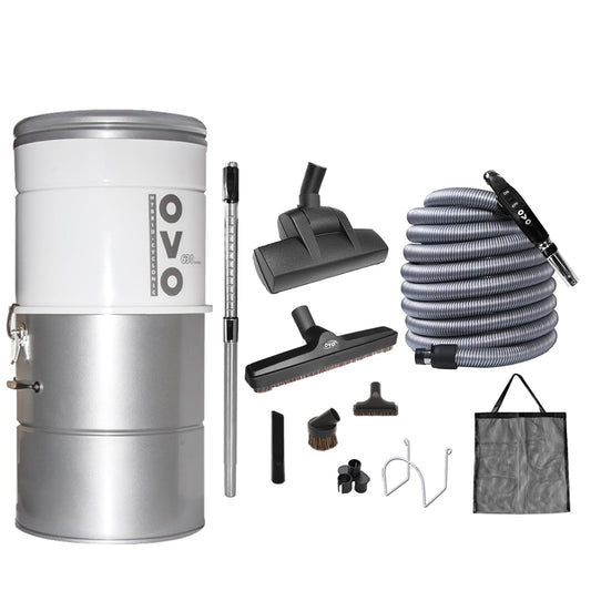 OVO Large and Powerful Central Vacuum System, Hybrid Filtration (with or Without Disposable Bags), 25L or 6.6 Gal, 630 Airwatts + 30 ft Premium Deluxe Plus Accessory Kit