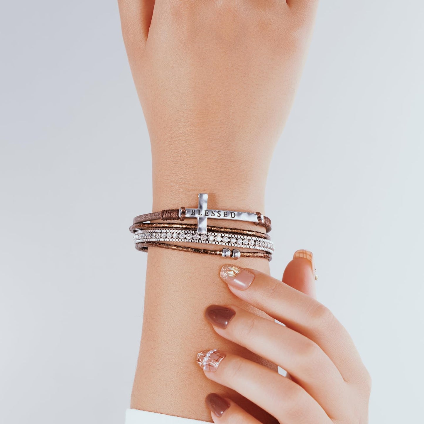 Becklynn Boho Leather Wrap Bracelets Beaded Crystal Stackable Cuff Bracelet with Magnetic Clasp Cowboy Cowgirl County Concert Outfits Western Jewelry Gifts for Women(Cross Brown)