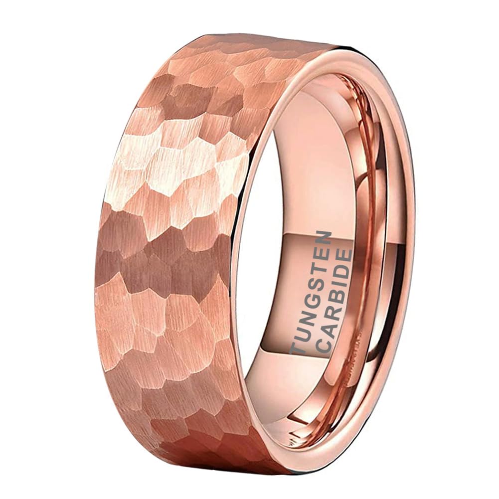 TUTISS 8mm Rose Gold Hammered Tungsten Rings for Men Women Engagement Wedding Bands Pipe Cut Matte Finish Comfort Fit Size 10