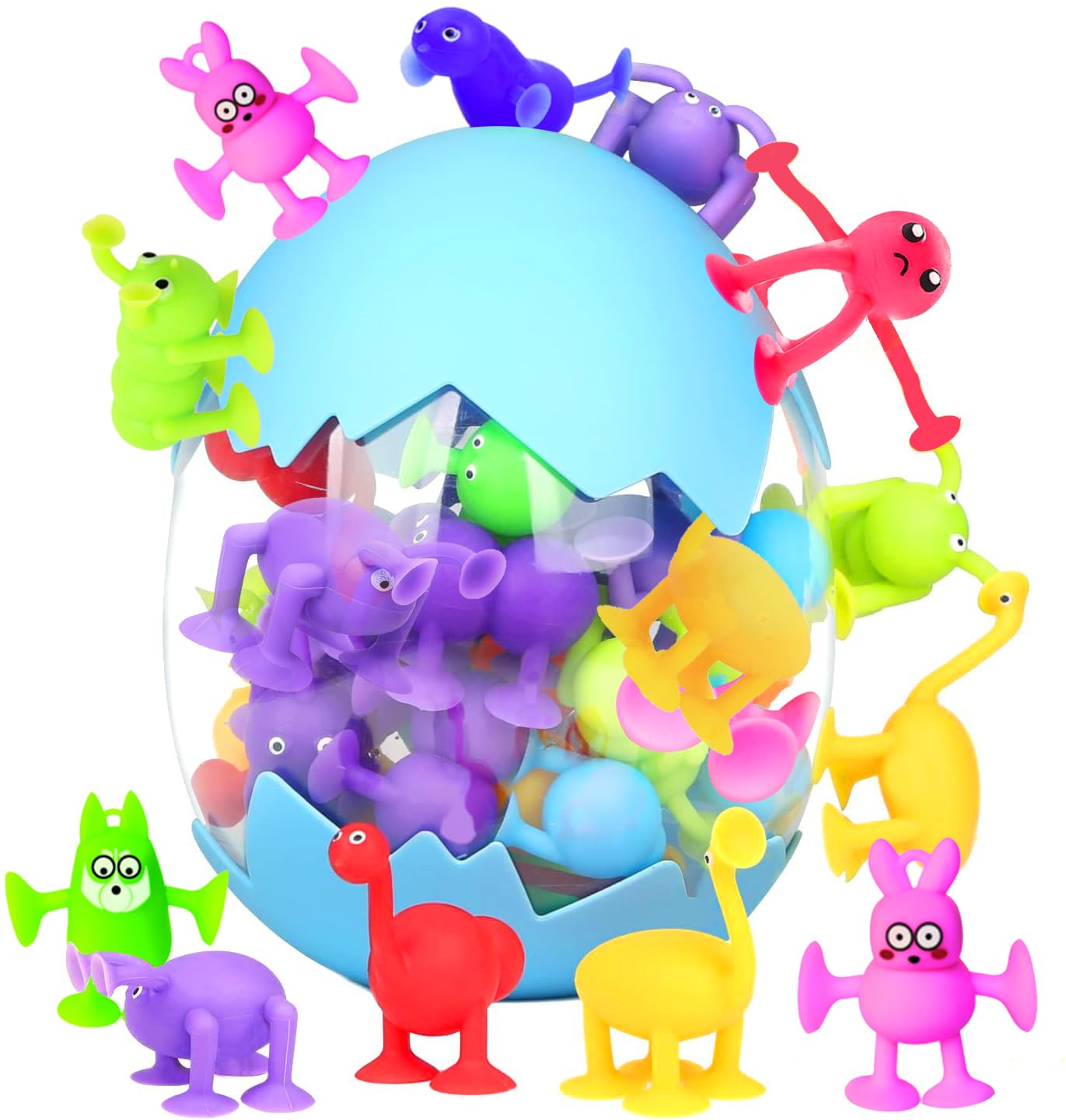 Toddler Suction Cup Bath Toys, Easter Basket Stuffers Animal Bath Toys for Kids Ages 1 2 3 4 5 Mold Free Bathtub Window Building Toys Christmas Stocking Stuffers Boys Girls Large Egg Container
