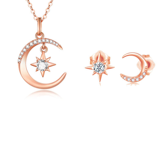 SISGEM 14k Rose Gold Moon and North Star Necklace and Stud Earrings Set, Fine Jewelry for Women