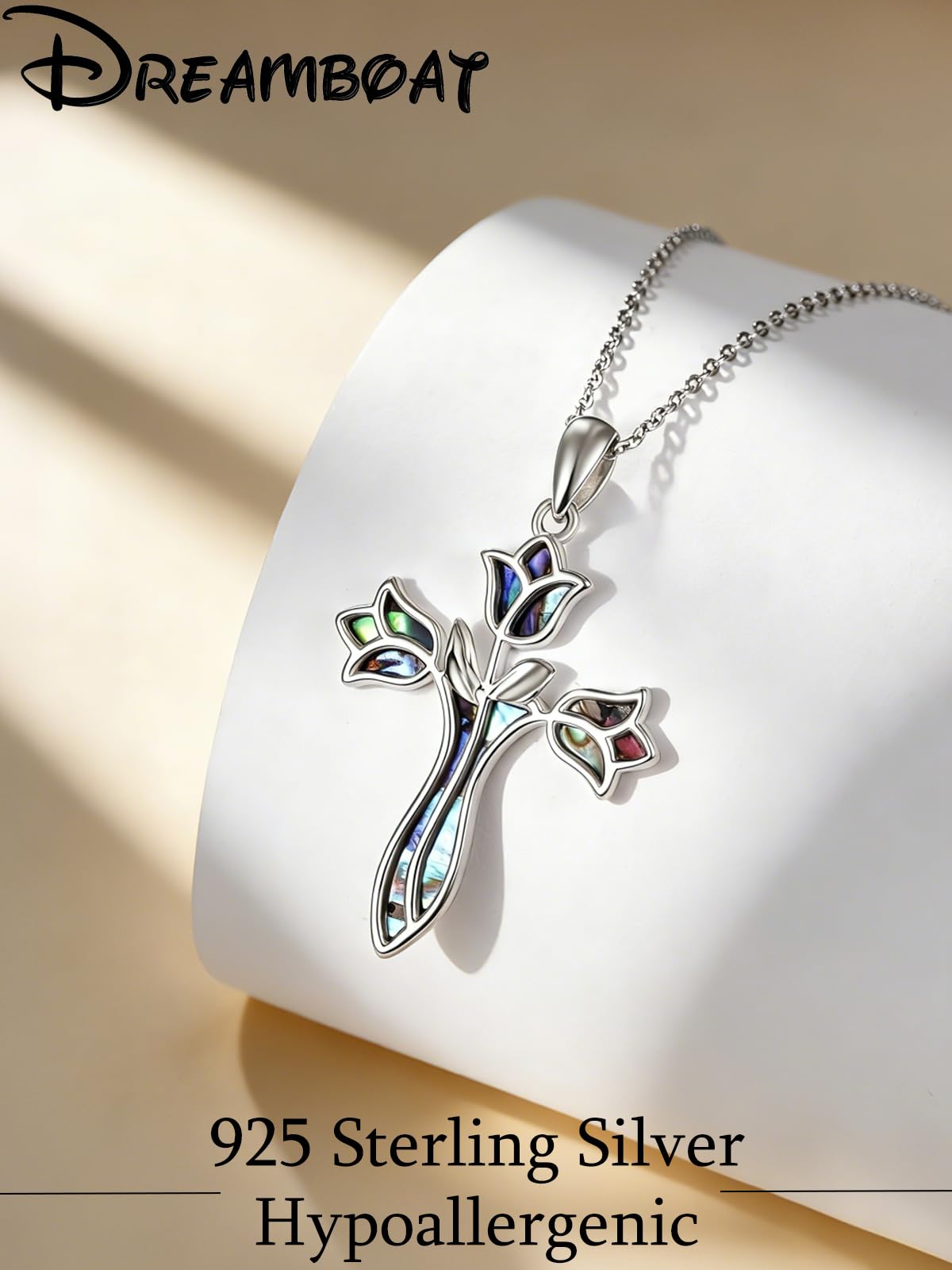 Dreamboat Abalone Flower Cross Necklace for Women 925 Sterling Silver Cross Pendant Tulip Necklace Abalone Jewelry Christianity Religious Confirmation Baptism Gifts for Women