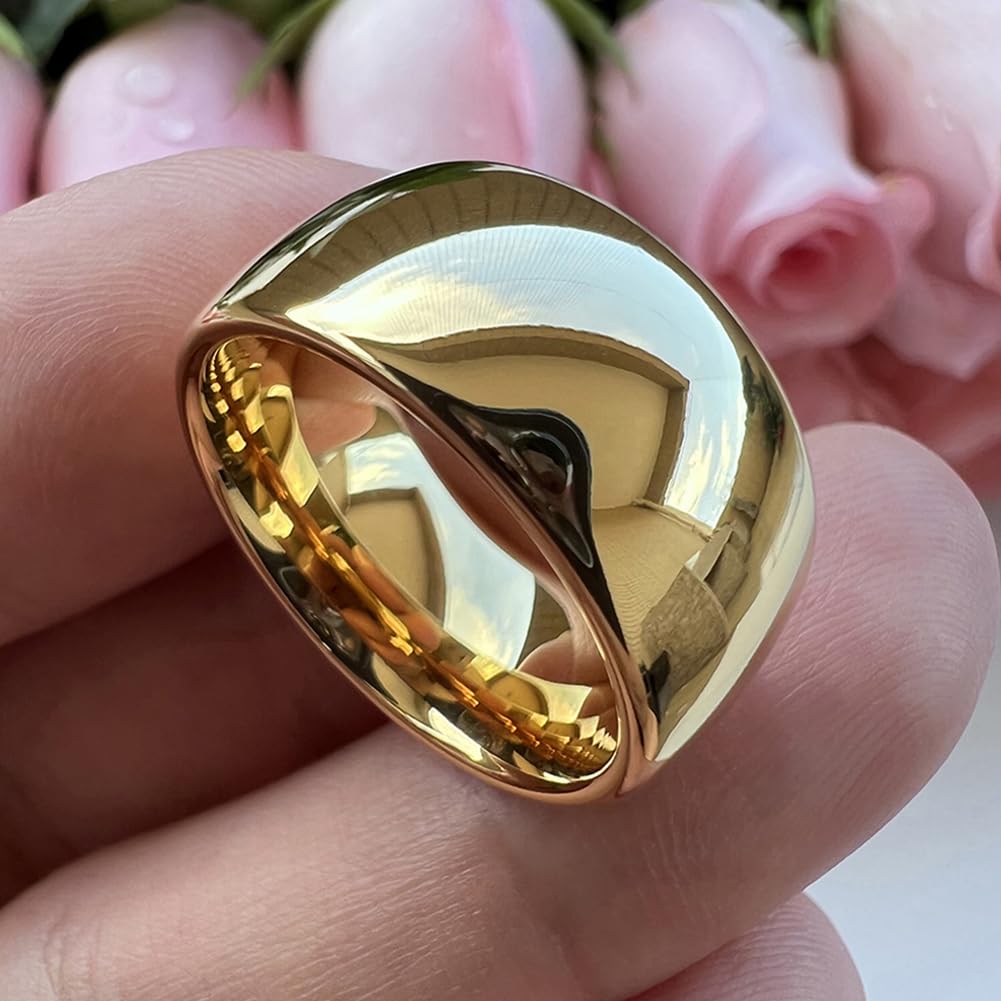 TUTISS 10mm Gold Tungsten Rings for Men Women Engagement Wedding Bands Domed Polished Comfort Fit Size 15