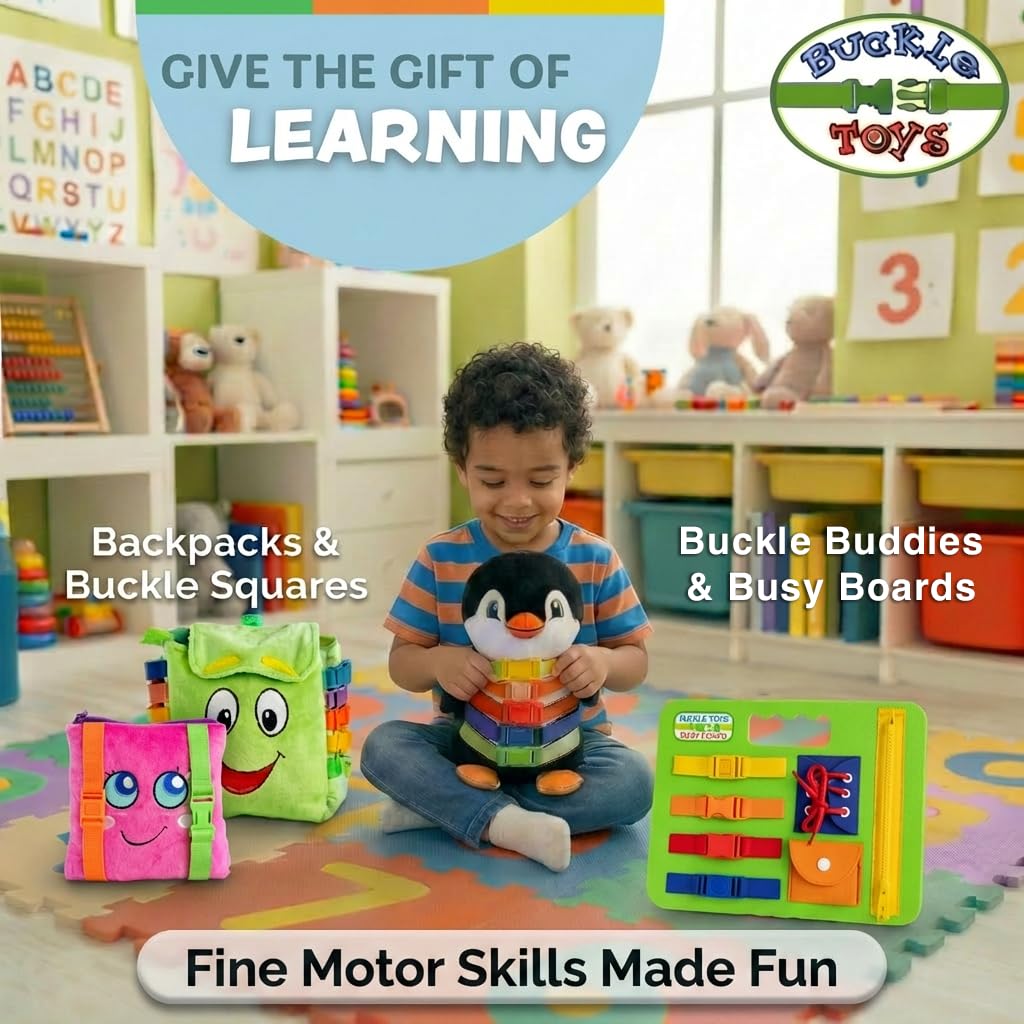 Buckle Toys Busy Board - Montessori Learning Toy for Toddlers Kids Road Trip Activies - Foam Sensory Board - Develop Fine Motor Skills - Blue