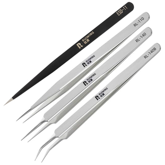4 Pcs Precision Stainless Steel Tweezers Set, Extra-Long & Thick RL Tweezers, Straight Curved Tips, for Electronics, Jewelry, Crafts, Labs & DIY Repairs, Precision Tools