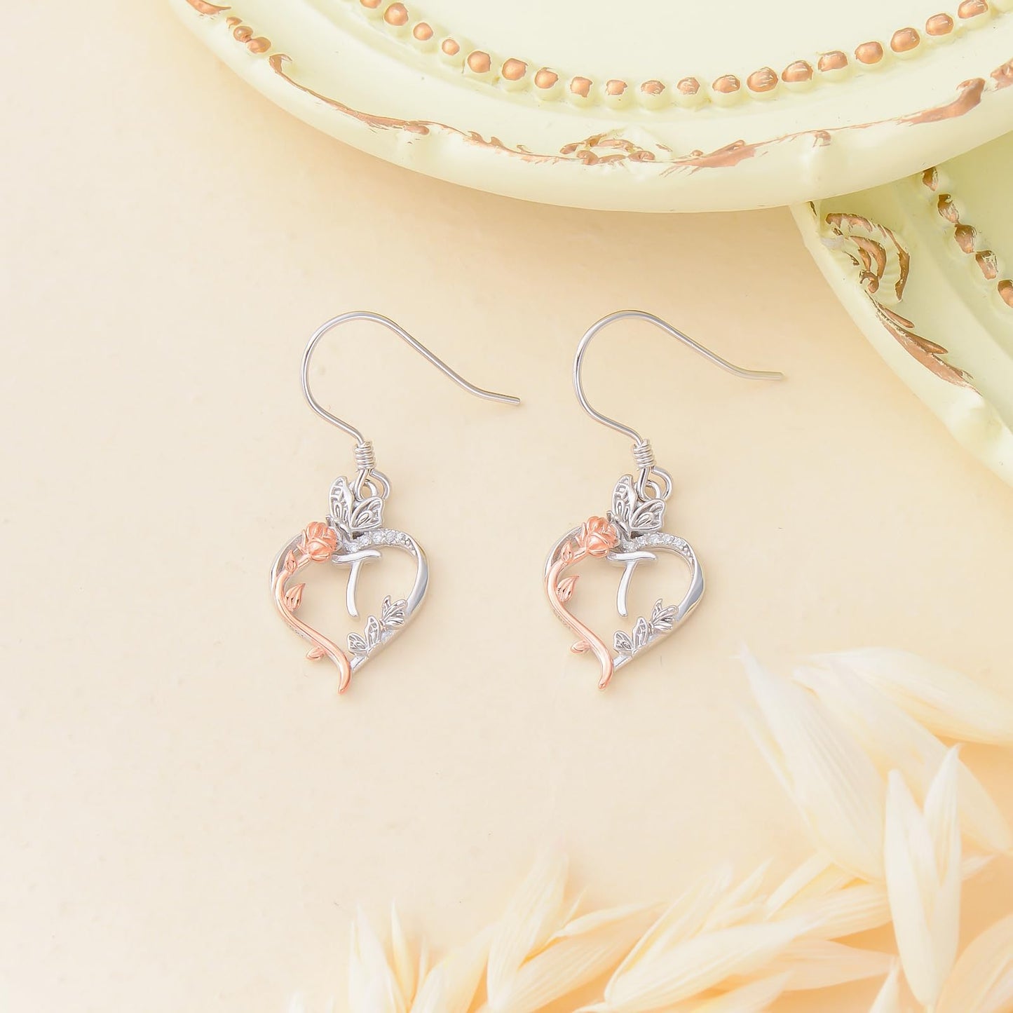 TOUPOP Rose Heart Initial Earrings Sterling Silver Butterfly Earring Initial T Letter Drop Dangle Earrings Jewelry Anniversary Birthday Mothers Day Gifts for Women Mom Wife Girlfriend Her