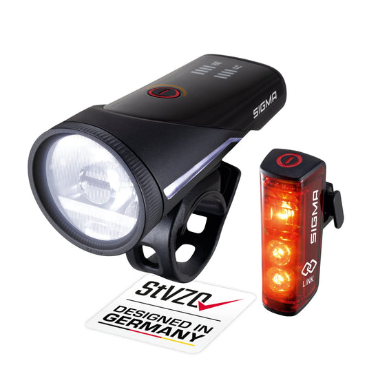 SIGMA Bicycle Light Set Aura 100/Blaze Link (Silicone Holder) Innovative Coupling Function and Automatic Light Adjustment LED Bicycle Light Front with 100 Lux Rear Light with Brake Light Function