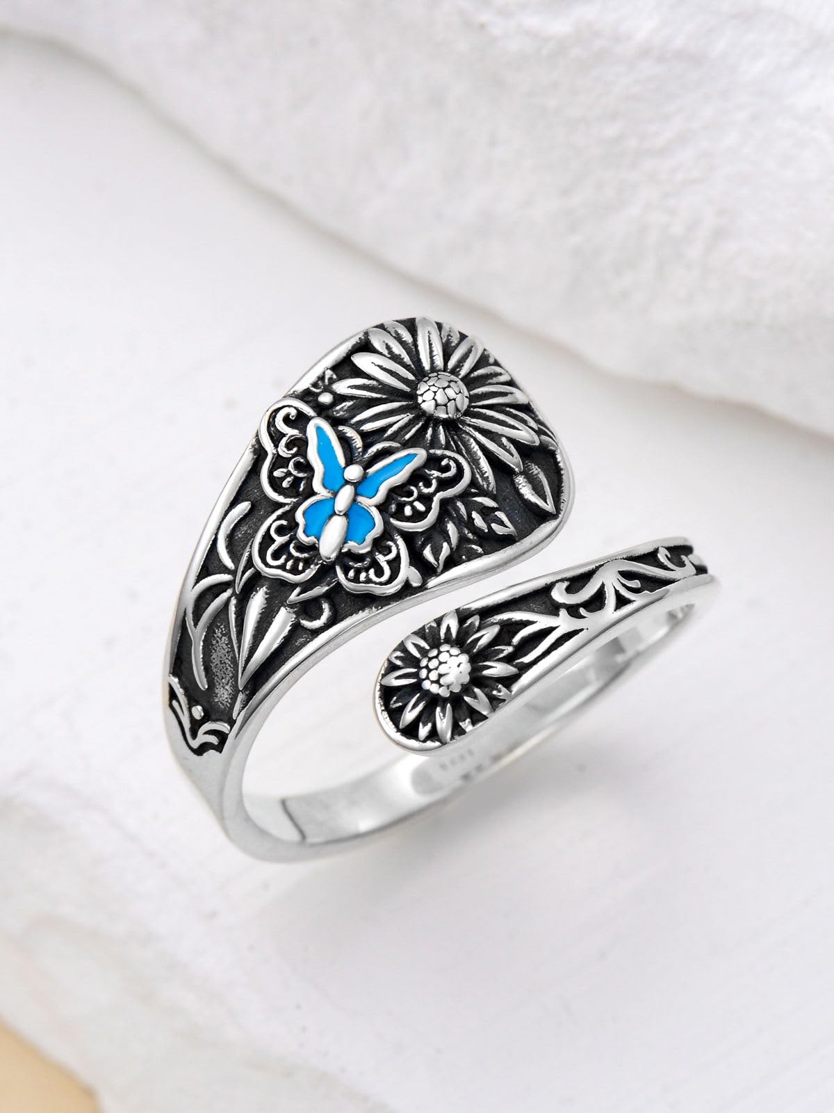 Midari Butterfly Sunflower Spoon Rings 925 Sterling Silver Butterfly Ring Sunflower Ring for Women Adjustable Thumb Spoon Rings Vintage Finger Open Spoon Rings for Women Daughters