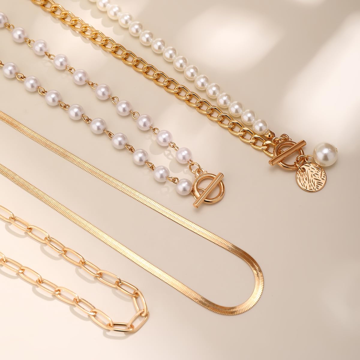 4 PCS Layered Gold Necklace for Women Chunky Gold Necklace Stack Paperclip Chain Pearl Necklace Herringbone Choker Necklace Fashion Jewelry Gifts
