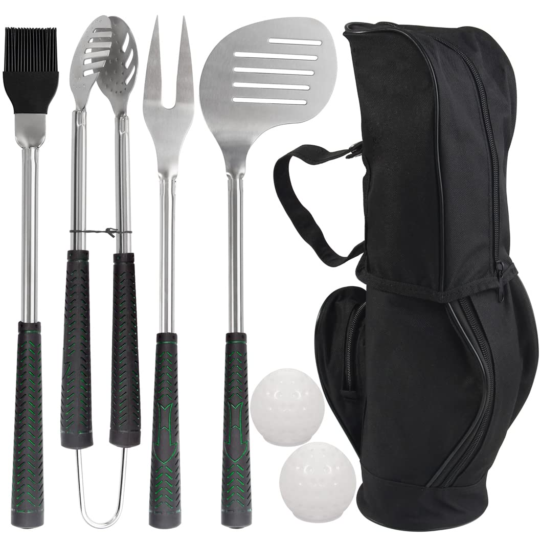 POLIGO 7PCS Golf-Club Style BBQ Tool Set Grilling Tools with Rubber Handle - Stainless Steel Grill Accessories for Outdoor Grill Set Premium Grill Utensils Set Fathers Day Birthday Gifts for Men Black
