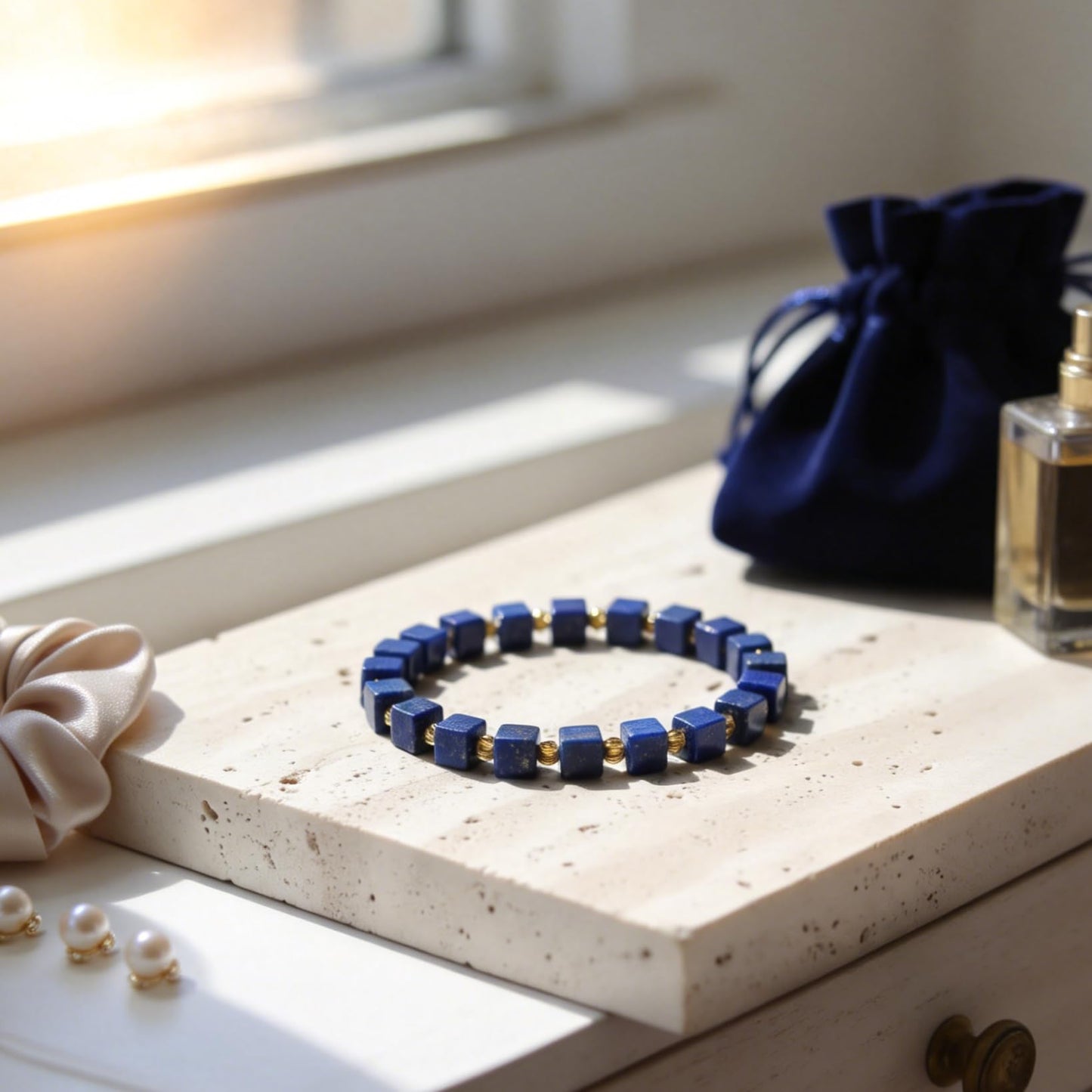 Lapis Lazuli Healing Bracelet – Real Crystal Beads for Stress Relief, Meditation & Chakra Balance – Natural Gemstone Jewelry Gift for Women & Men, Adjustable with Gift Box (6mm Cube Gold Accent)