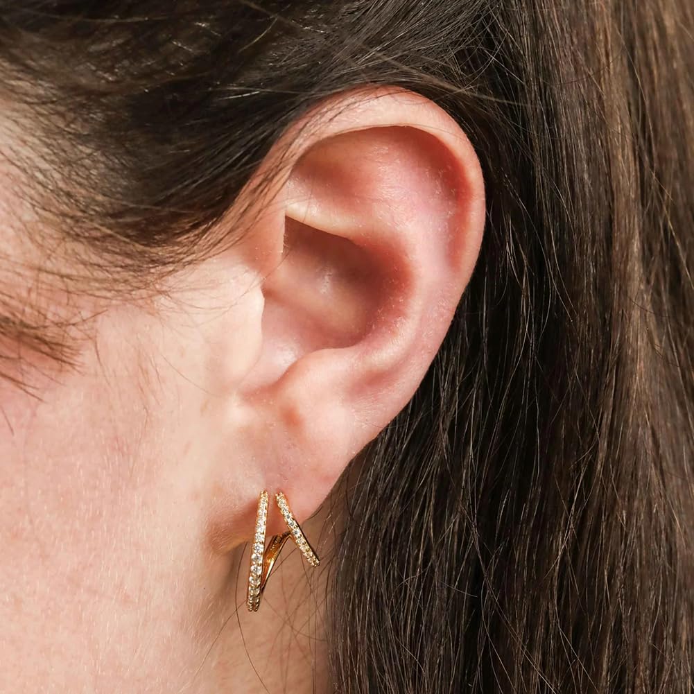 Obidos 14K Gold Plated Double Huggie Hoop Earrings for One Hole | Illusion Stud Earrings for Women | Gold Huggie Small Hoop Earrings for Women | Boho Simple Hypoallergenic Earrings