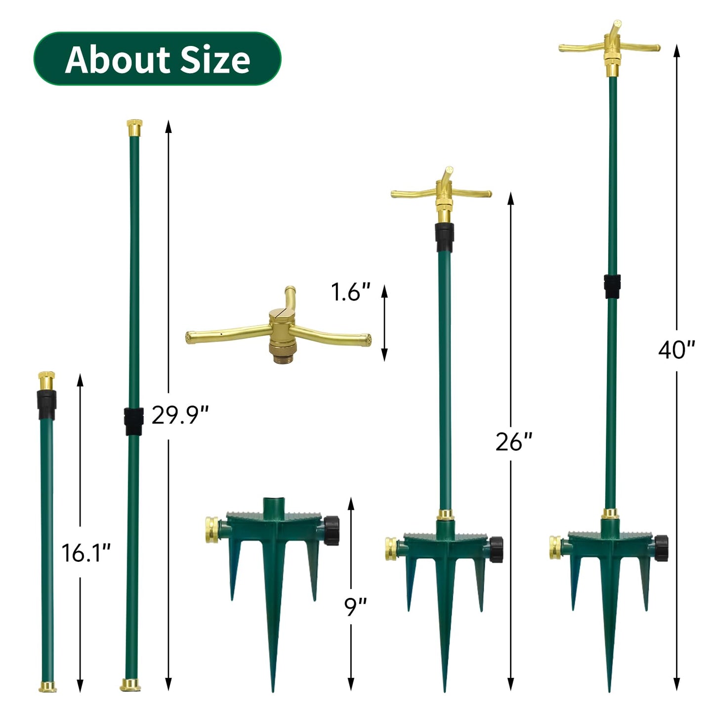 3-Arm 360° Rotating Garden Sprinkler, 2 Pack Telescoping Sprinkler with Spike, Brass Garden Lawn Water Sprinkler for Large Area up to 40 Inches