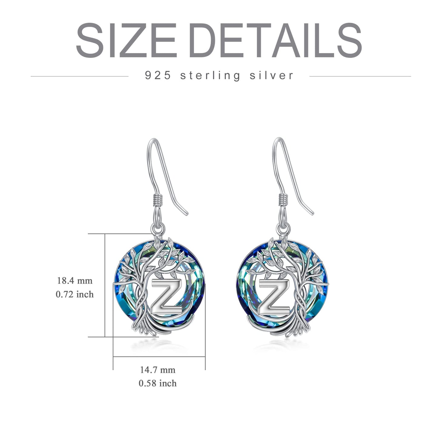 TOUPOP Tree of Life Initial Earrings Sterling Silver Initial Z Letter Drop Dangle Earrings Blue Circle Crystal Family Tree Jewelry Birthday Mothers Day Gifts for Women Mom Her