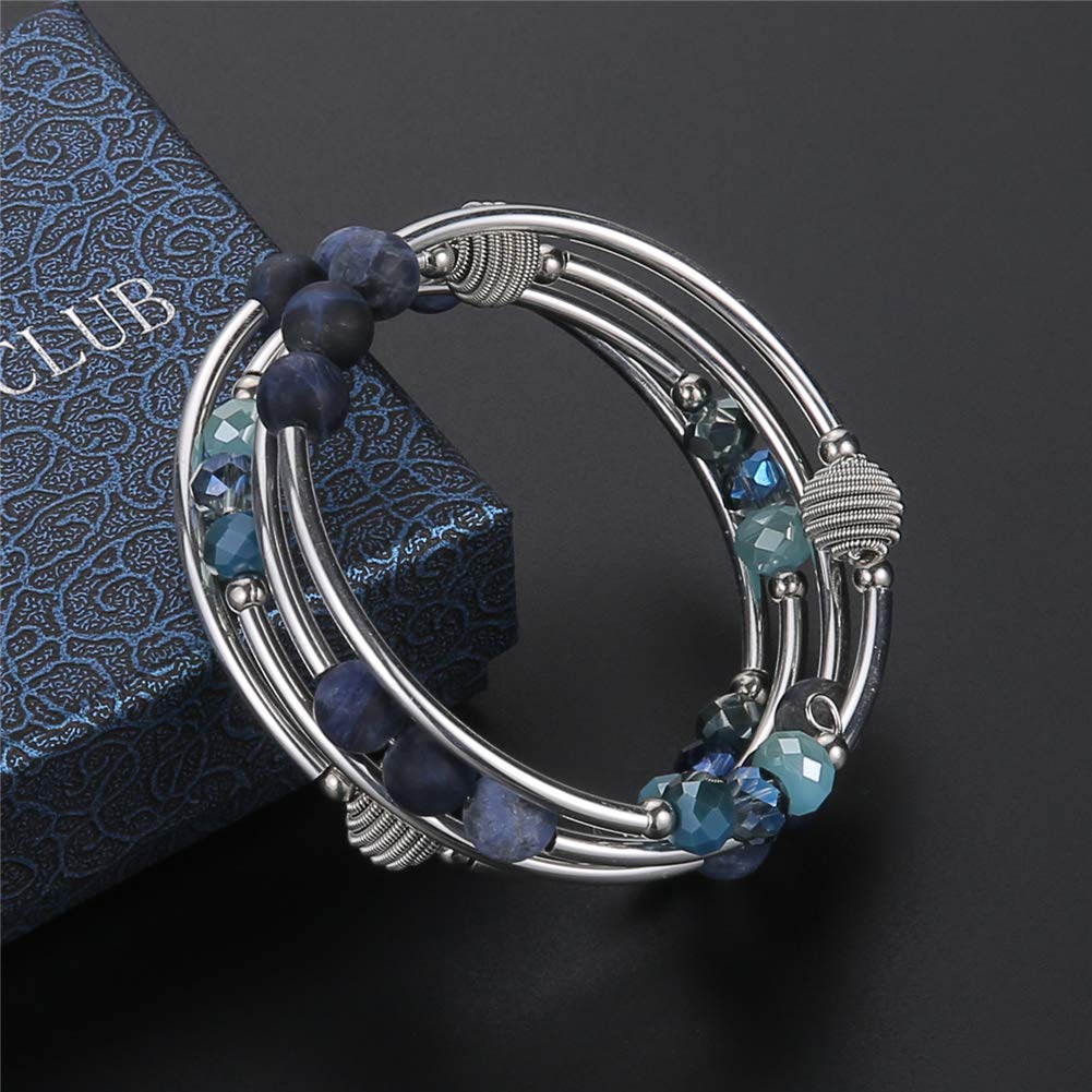 PEARL&CLUB Bead Crystal Wrap Bangle Bracelet - Fashion Jewelry Beaded Bracelet with Silver Metal, Gifts for Women(61-Blue)