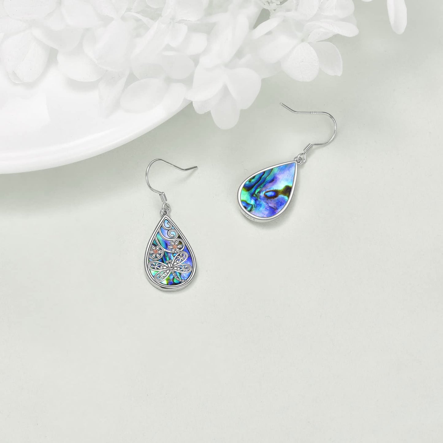 POPLYKE Dragonfly Earrings 925 Sterling Silver Leverback Earrings for Women Teardrop Abalone Earrings Dangle Dragonfly Jewelry Gifts