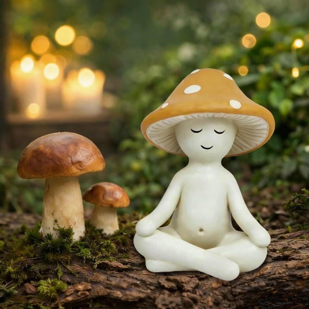 Meditation Mushroom Statue Yoga Mushroom Figurine Tabletop Decor for Home Shelf Office Coffee Table Garden Yard Patio Meditation Sculpture Gift for Women Friends Mom Decoration