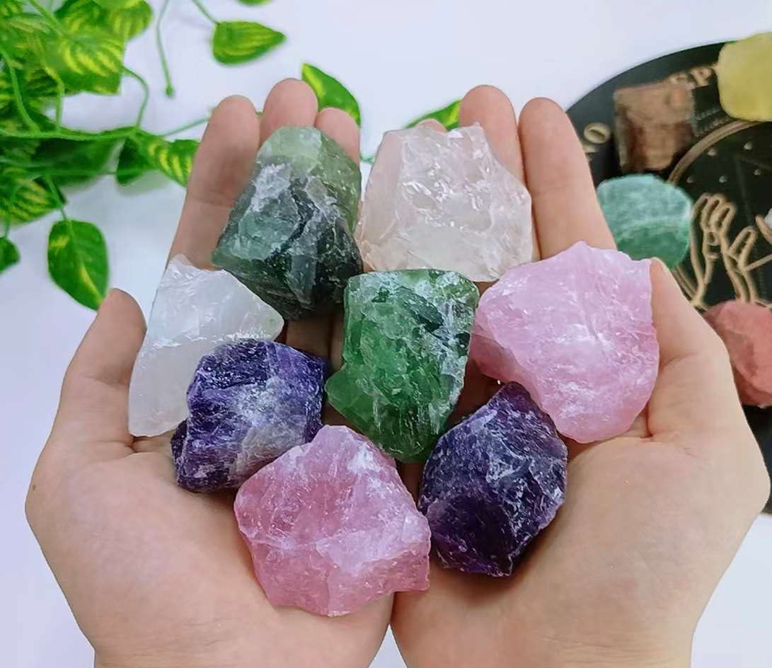 LAIDANLA 2" Rose Quartz Fluorite Amethyst Clear Quartz Set Natural Rough Stones Crystal Raw Crystals Bulk Healing Gemstones for Reiki Healing Tumbling Fountain Rocks 4PCS 0.55lb