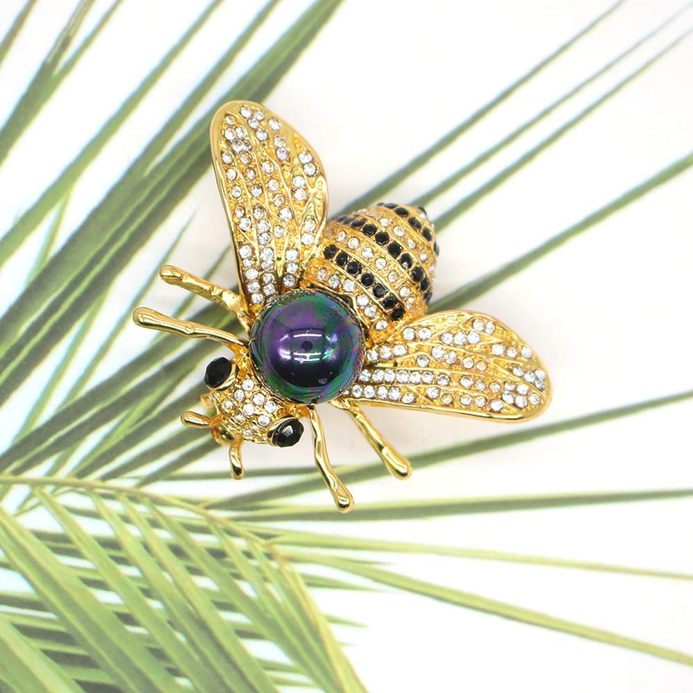 Honey Bee Brooches Crystal Insect Themed Bee Brooch Animal Fashion Shell Pearl Brooch Pin 14K Gold Plated(Multicolored black)