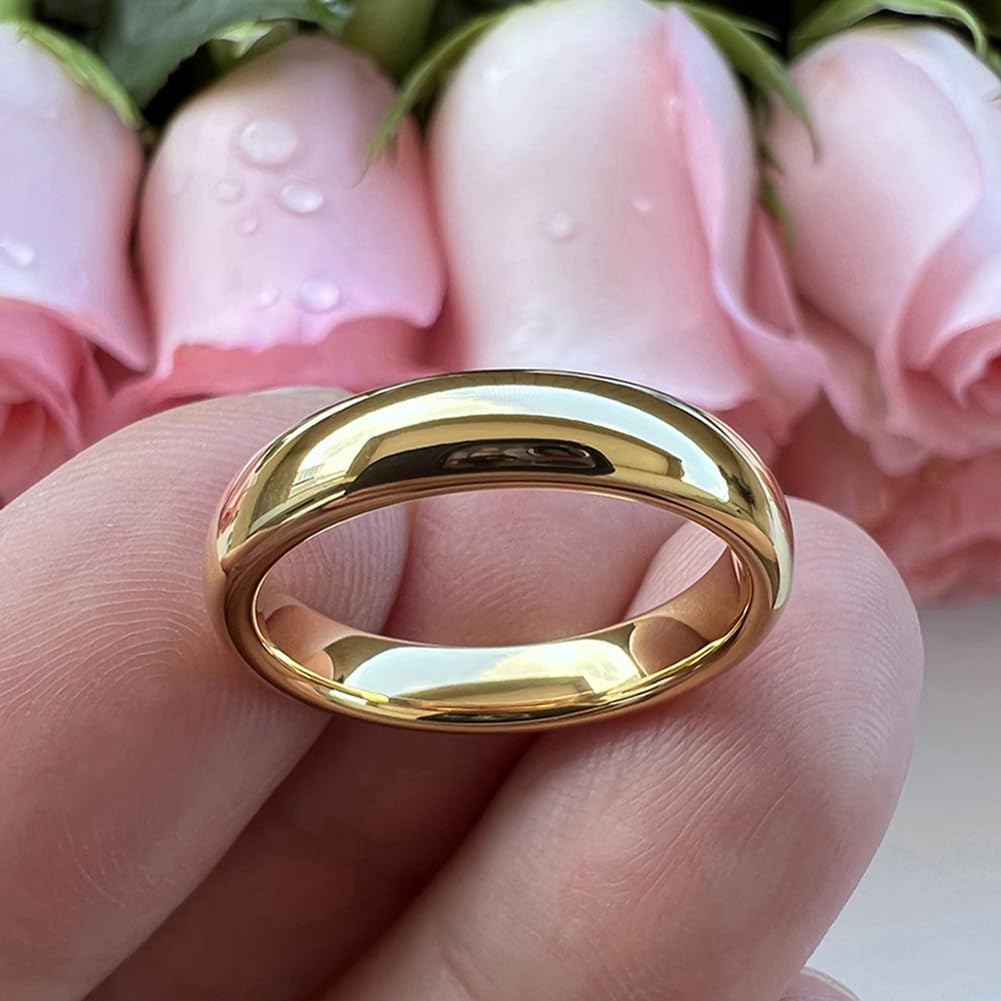 TUTISS 4mm Gold Tungsten Rings for Women Men Engagement Wedding Bands Domed Polished Comfort Fit Size 11