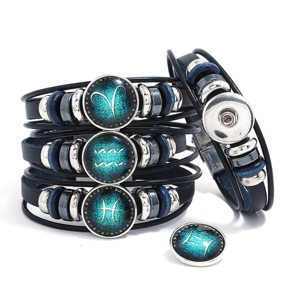 Zodiac Constellation Leo Bracelet Handmade Woven Multilayer Zodiac Sign Leather Wrap Bracelet Wristband for Women Men Jewelry Gift 2Pcs Set