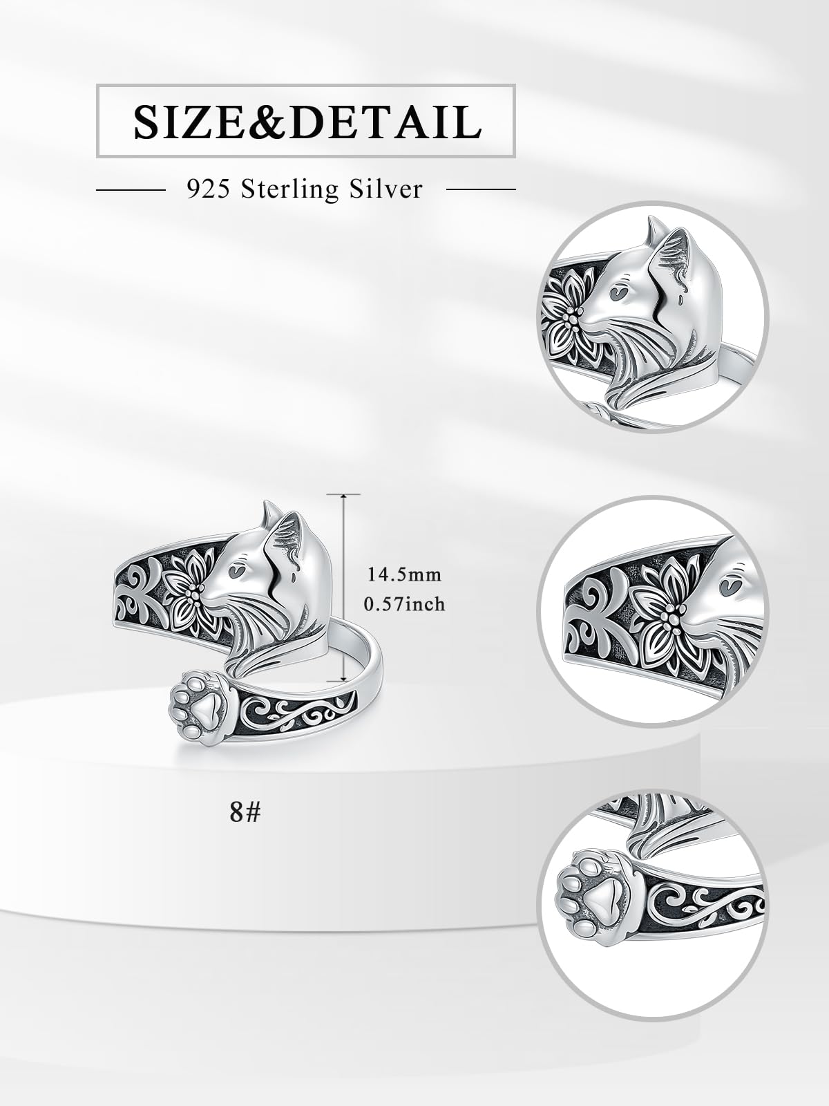 Midari Cat Spoon Rings for Women Sterling Silver Adjustable Vintage Paw Print Ring Finger Thumb Rings Kitty Jewelry Cat Lovers Birthday Halloween Christmas