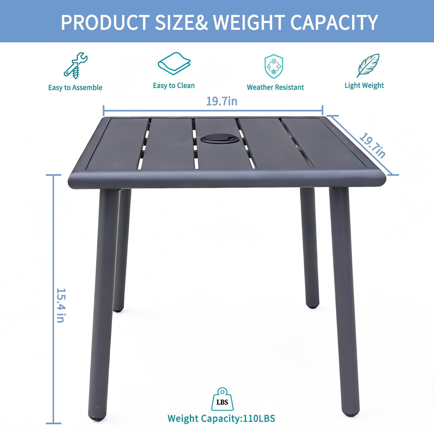 UFavo Home Small Metal Outdoor Side Table with Umbrella Hole, Sqaure Patio Coffee Bistro Table End Table, Umbrella Table with Hole for Poolside Backyard Porch Deck Balcony,19.7x19.7 inches, Gray