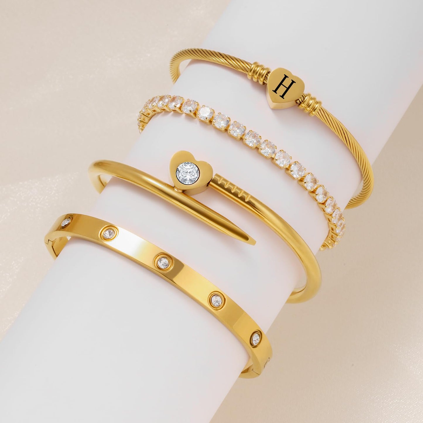 MEIERYA18K Gold Plated Nail love Bangle Bracelet Set for Women,Cubic Zirconia,Adjustable tennis bracelet Trendy Gift Jewelry for Mother's Day Anniversary (07-Style-H)