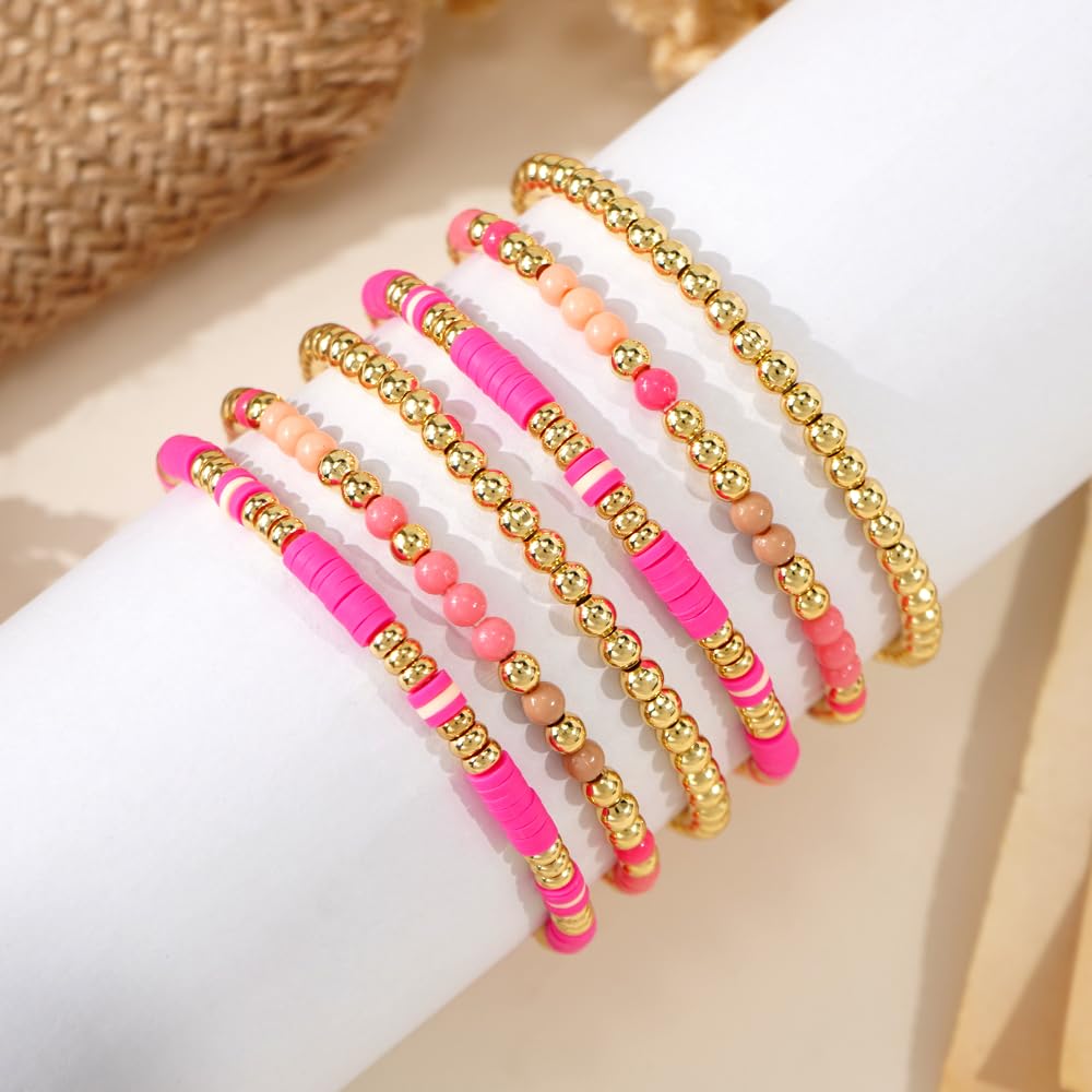 Bohxantium Gold Beaded Friendship Bracelets Stack for Women Boho Pink Heishi Clay 14K Gold Plated Beads Ball Stackable Stretch Surfer Colorful Preppy Bracelet Trendy Jewelry Daily Wear Birthday Gift