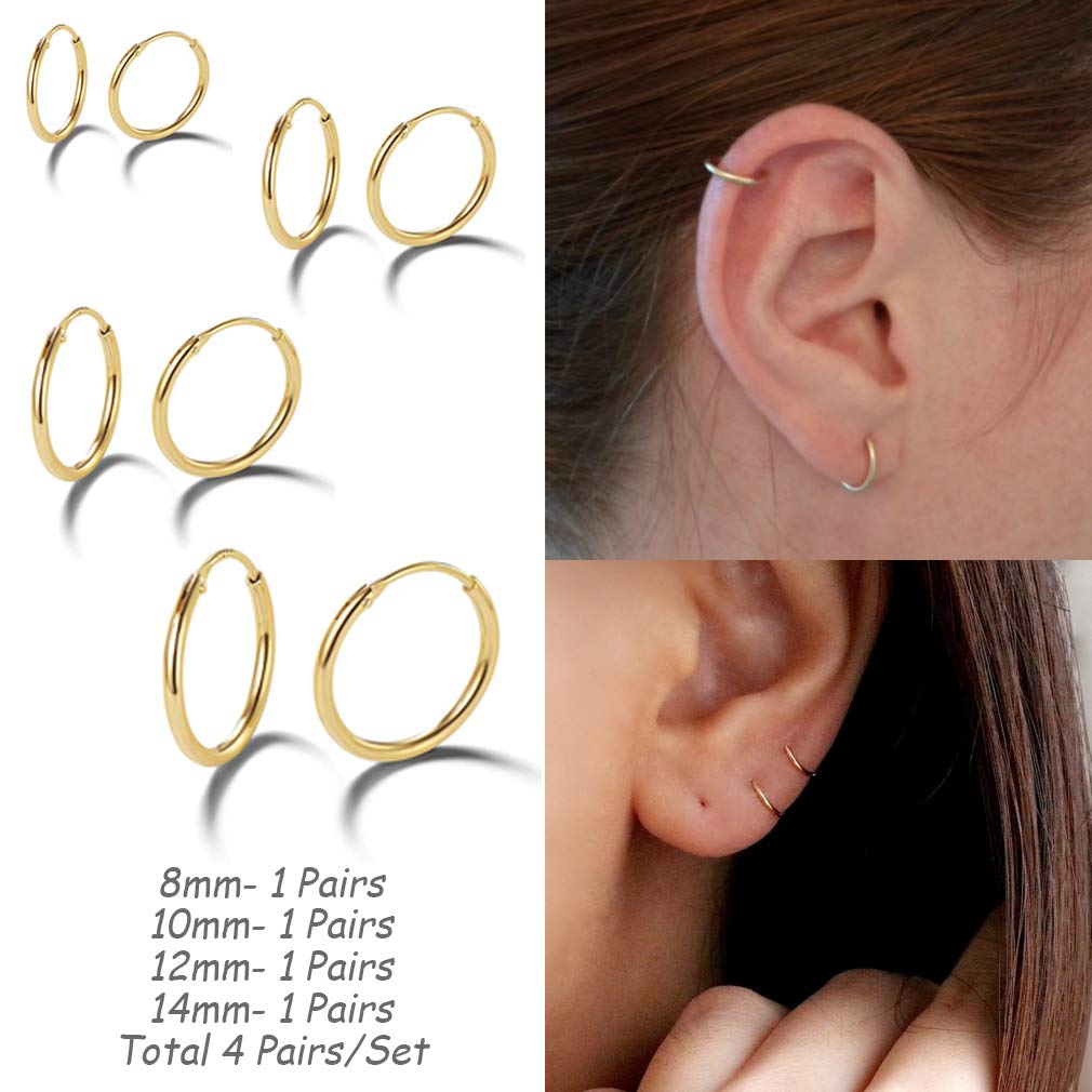 EPIRORA Silver Hoop Earrings- Cartilage Earring Small Hoop Earrings for Women Men,4 Pairs of Hypoallergenic 925 Sterling Silver Tragus Earrings(Gold,8mm/10mm/12mm/14mm)