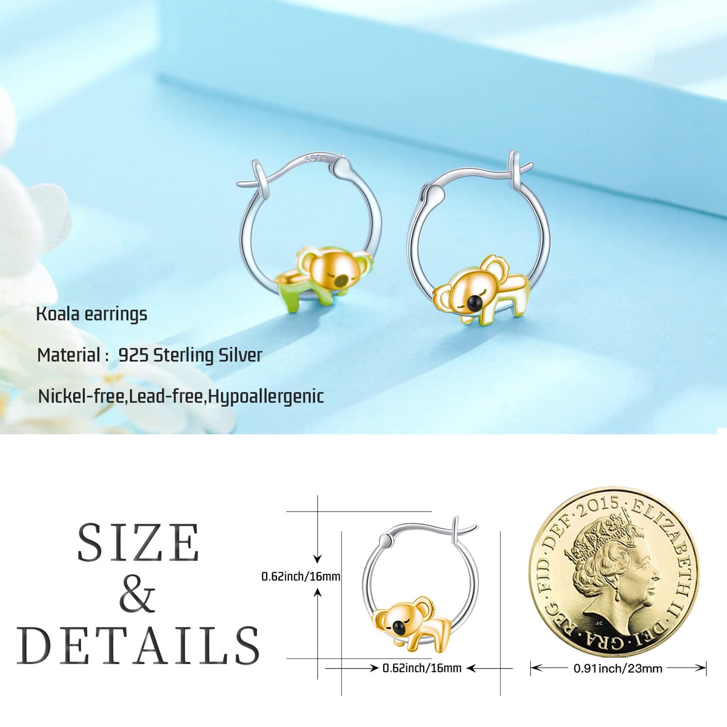 Koala Hoop Earrings for Women Girls Sterling Silver Small Animal Huggie Hoop Earrings for Sensitive Ears Koala Jewelry Gifts for Little Girls