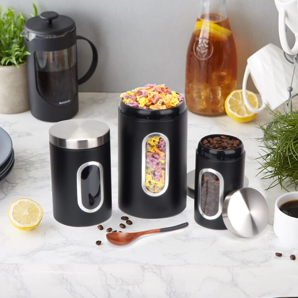 AEUNKIUO Black Kitchen Counter Canister set 3 pieces, 0.9/1.6/2.9 Quarts Stainless Steel Flour Sugar Tea Coffee Biscult Storage Containers with with Long Wood Spoon&Visible