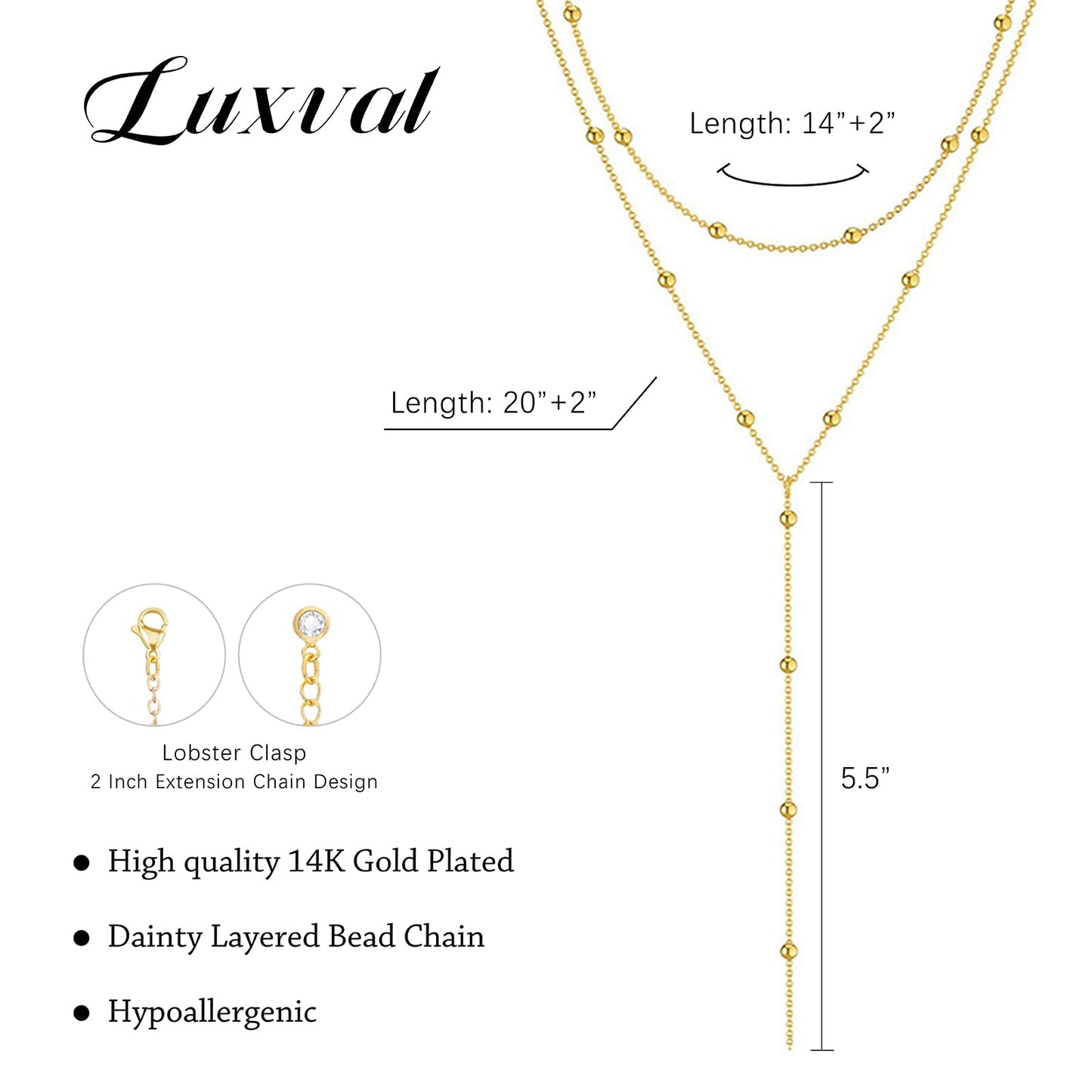 Luxval Gold Necklace for Women Trendy 14k Gold Plated Long Necklaces for Women Lariat Y Necklace Dainty Layered Necklaces Beaded Drop Y-Shaped Chain Jewelry Gift Wedding