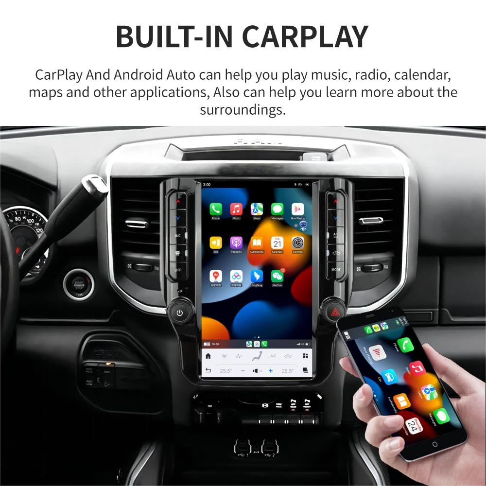 Large Touch Screen Car Navigation Radio for Dodge 2019-2024 RAM 1500 2500 3500，Tesla Style 12.1 Inch，Apple CarPlay GPS Music Video Web Player app Download，and retain All Original Vehicle Functions