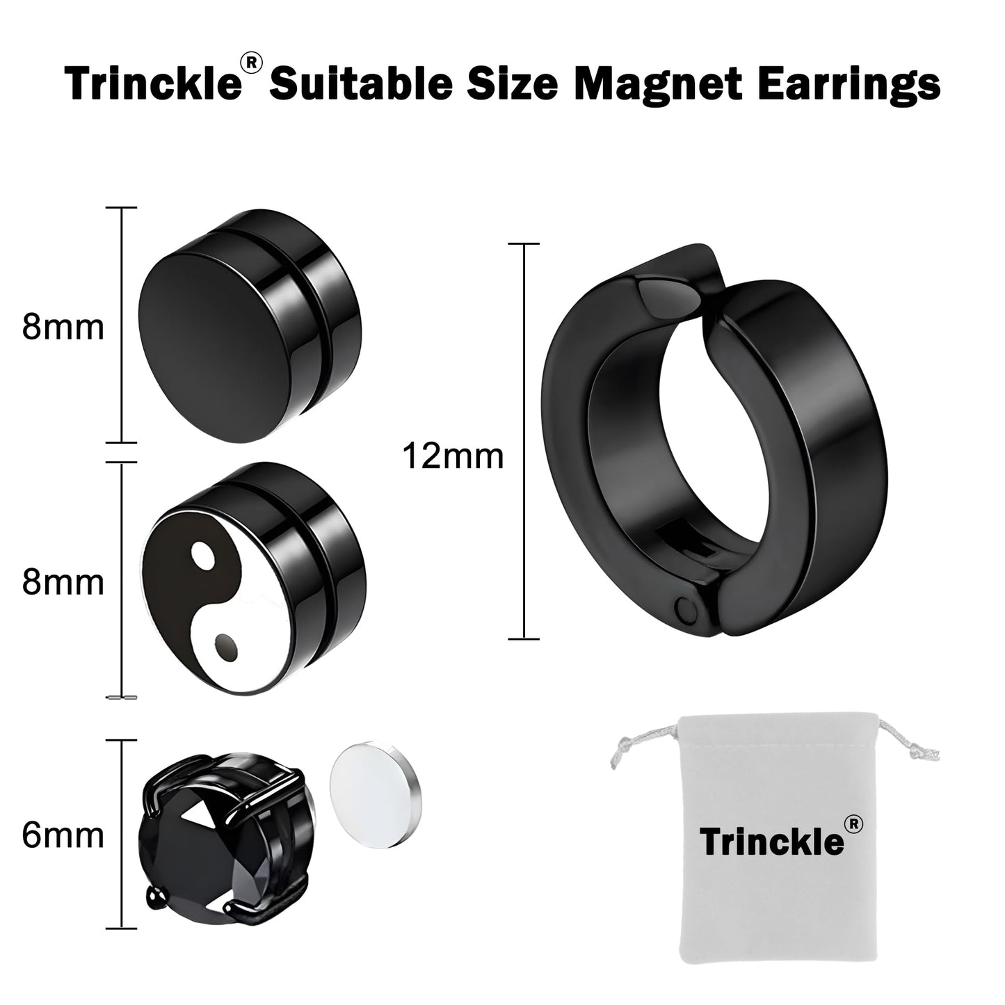 Trinckle Magnetic Earrings for Men and Women, 4 Pairs Black Magnet Earrings Stainless Steel Stud Hypoallergenic Clip on Magnetic Studs Aretes De Imanes Para Hombre Men's Jewelry
