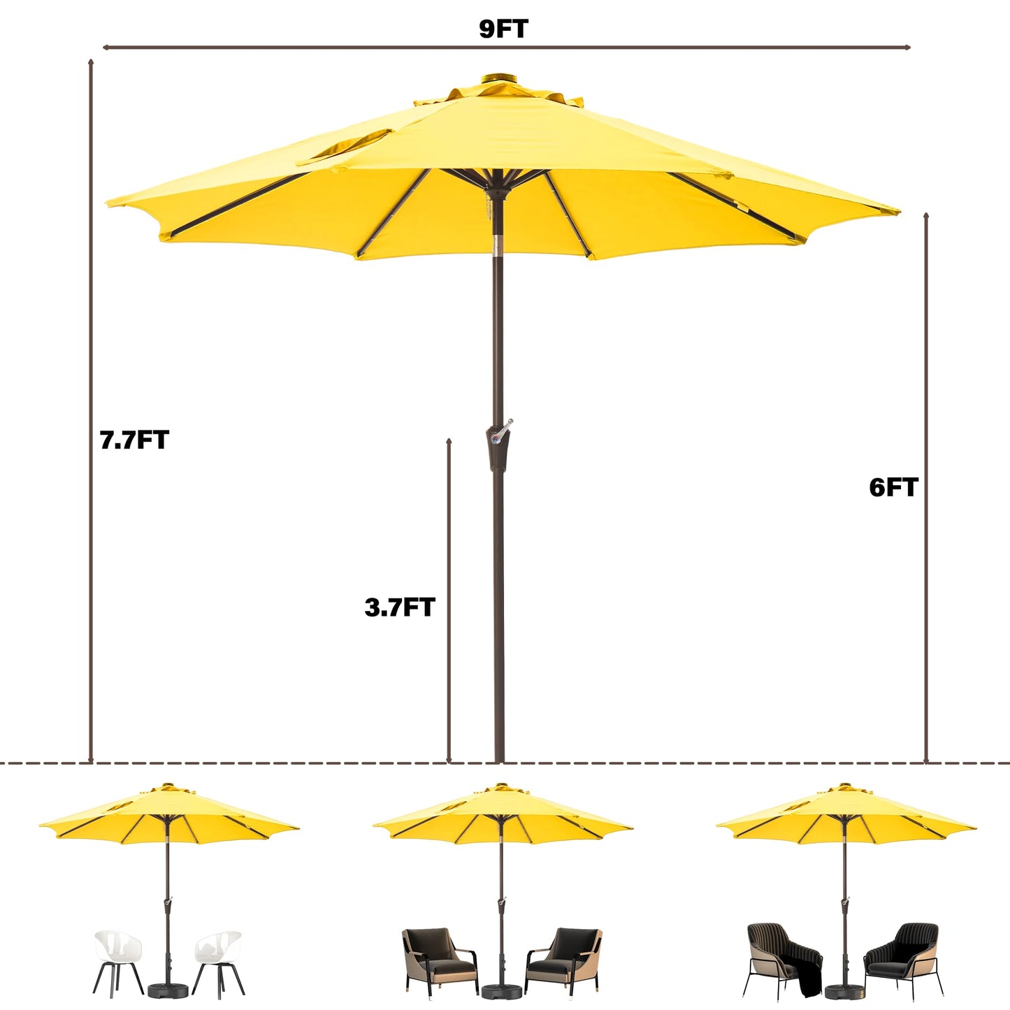 Tioline 9FT Solar-Powered LED Patio Umbrella with Tilt Crank,Outdoor Market Umbrella with 32 Lights,Sunshade for Deck, Garden and Pool,Yellow