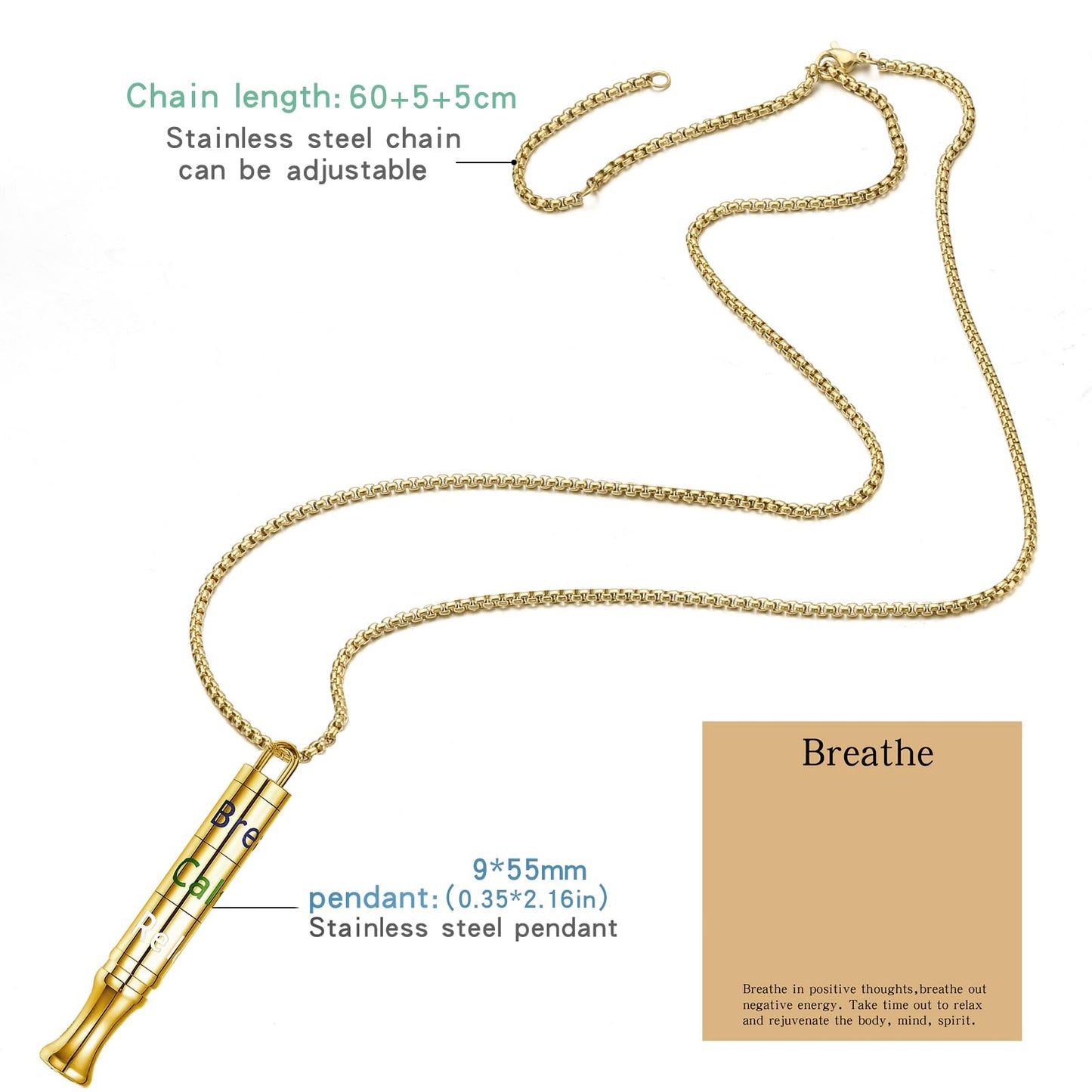 Fidget Necklace with Spinning Calm, Breathe, Relax Charms - Sensory Anxiety Relief & Deep Breathing Aid Stainless Steel Necklaces for Women Men (Gold)