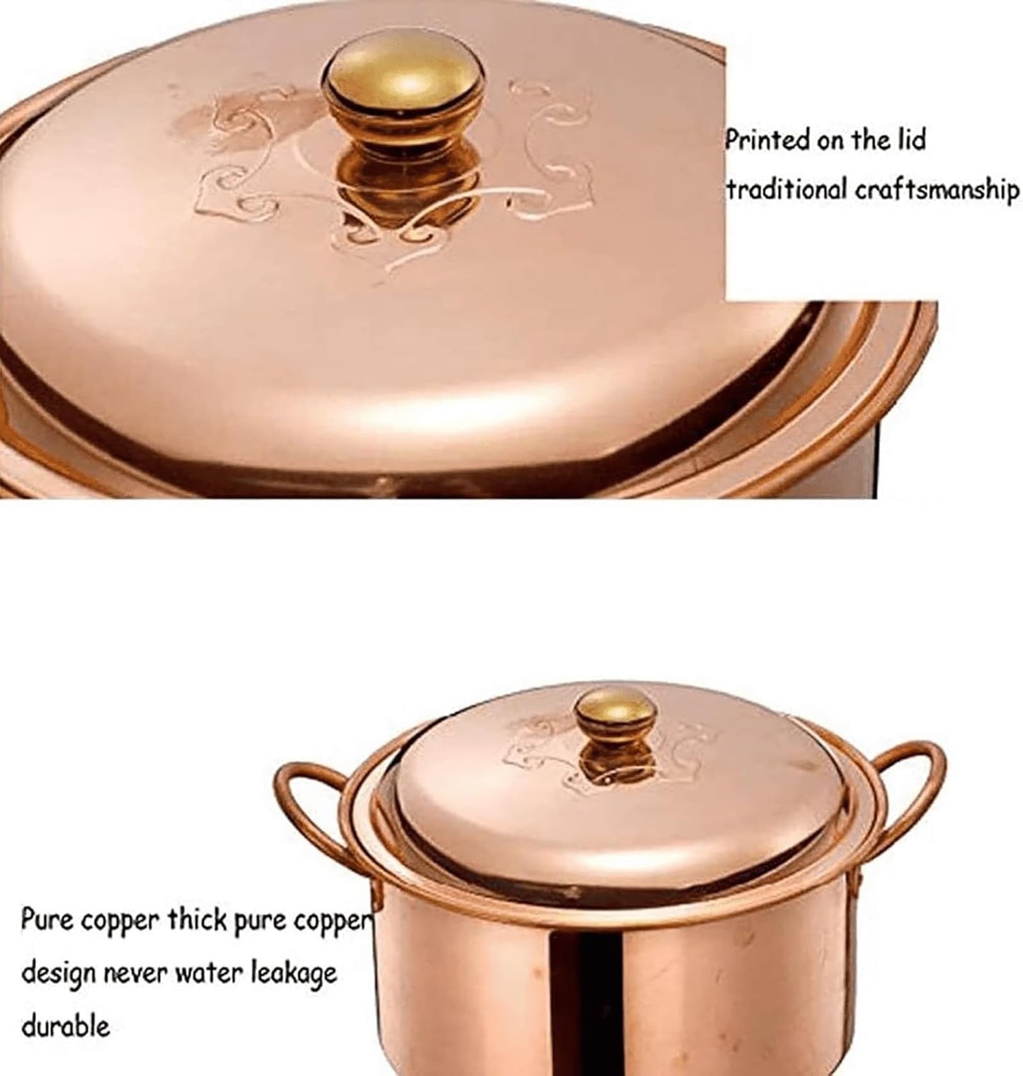 CVQWRJH Extra-thick Copper Hot Pot Pure Copper Tin Lined Cooking Pot, Copper Vintage Cooking pot, Chinese Style Induction Cooker Copper Hot Pot Handcrafted Copper Pot shabu Lamb Soup Copper Pot,28cm/1