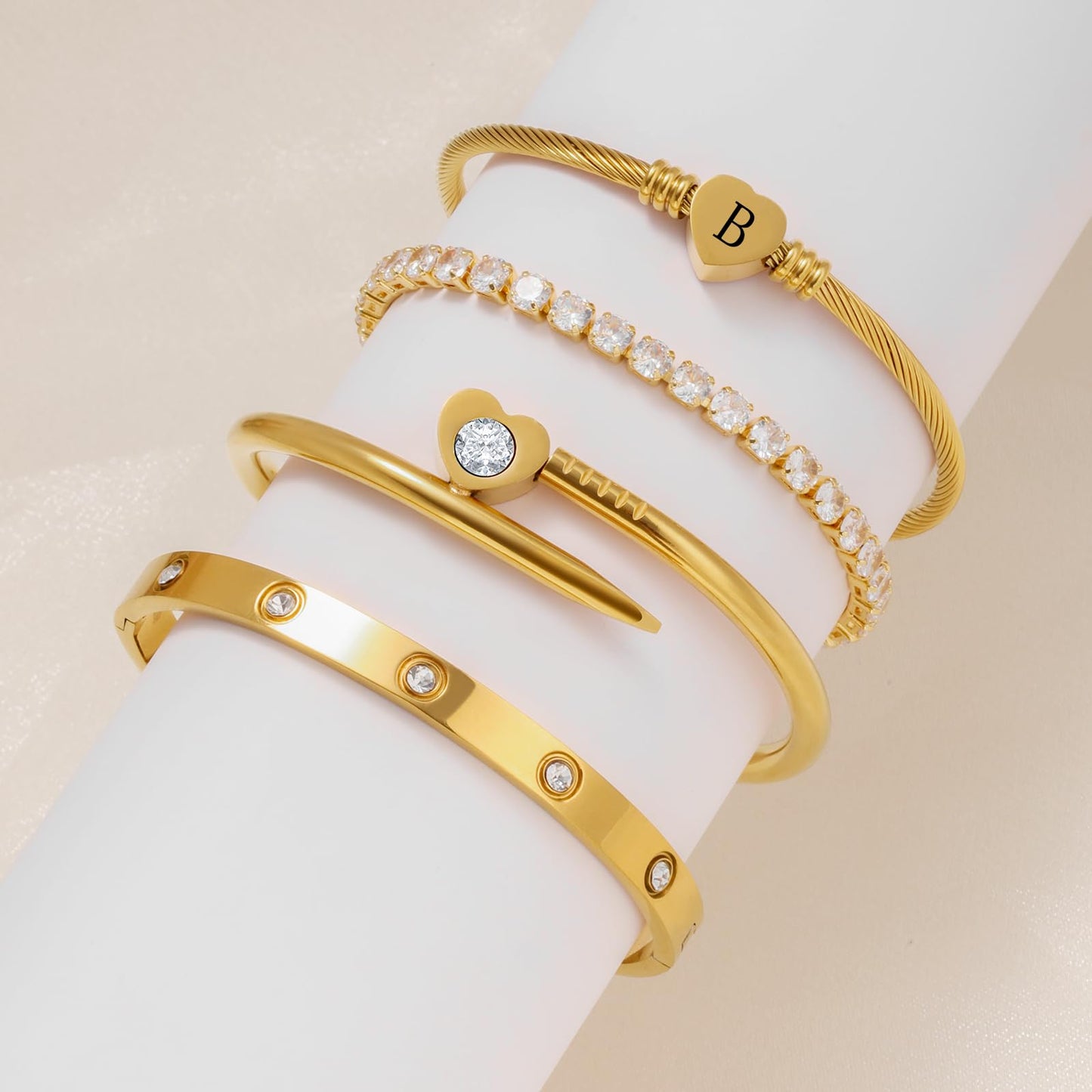 MEIERYA18K Gold Plated Nail love Bangle Bracelet Set for Women,Cubic Zirconia,Adjustable tennis bracelet Trendy Gift Jewelry for Mother's Day Anniversary (02-Style-B)