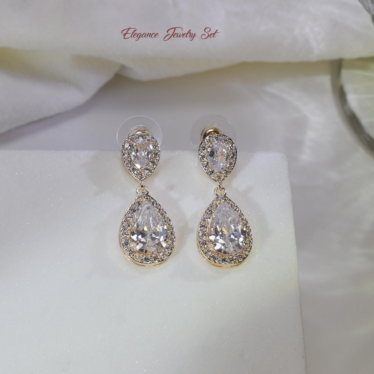 UDYLGOON Bridal Jewelry Set for Women, Cubic Zirconia Teardrop Bride Bridesmaid Necklace and Earrings Set for Wedding Prom Formal (14K Gold Plated)