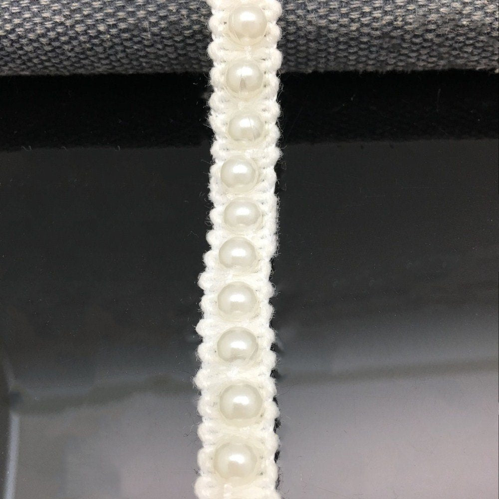FQTANJU 5 Yards Faux Pearls Lace Ribbon Applique Pearl Fringe for Wedding Party Decoration, Home Deco, Lamp Shade, Costume, Lvory.