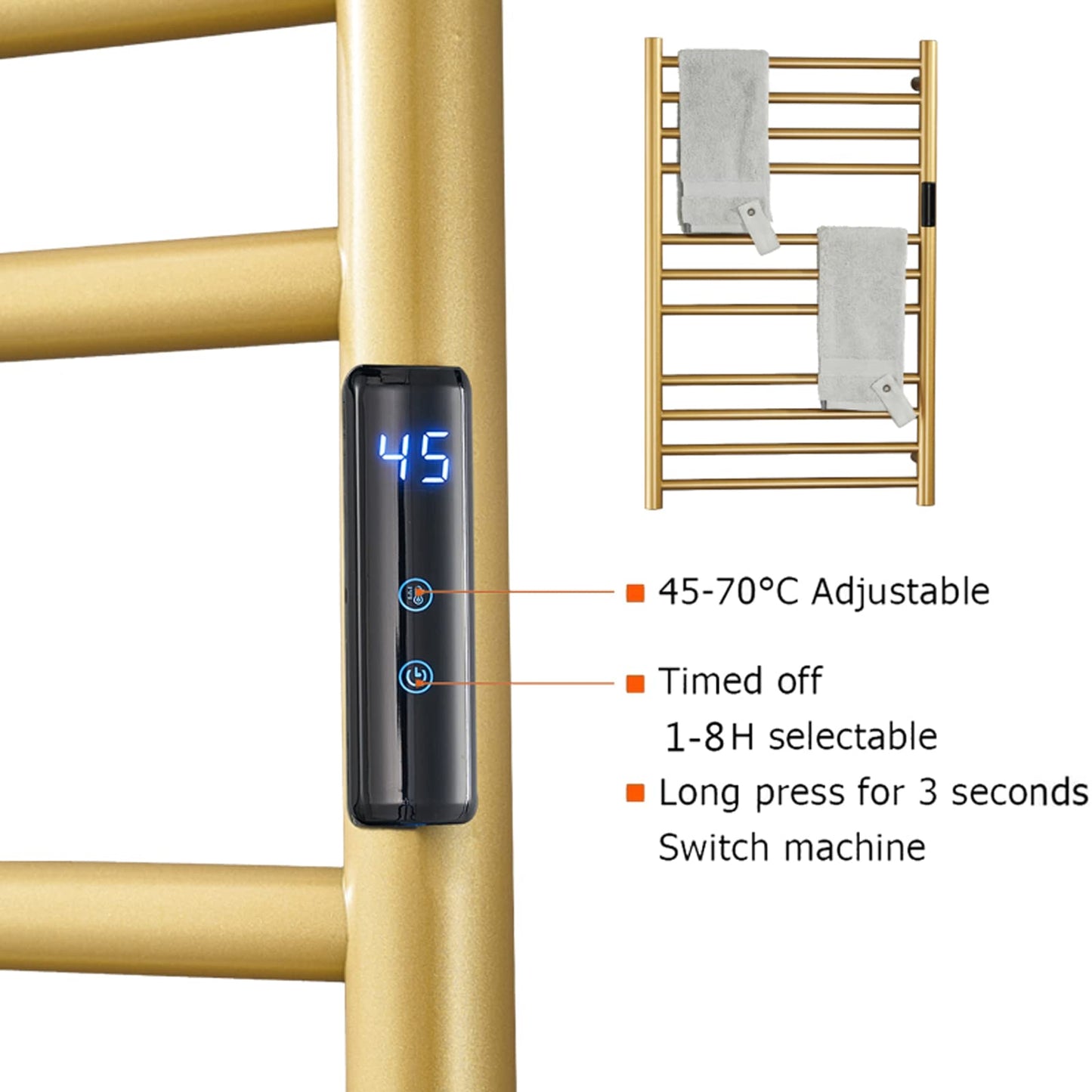 XMGJ Electric Towel Warmers Radiator with Timer Gold, 140W Wall-Mounted & Freestanding Heated Towel Drying Rack with 11 Bars, 304 Stainless Steel Heated Towel Rail for Bathroom, Plug-in