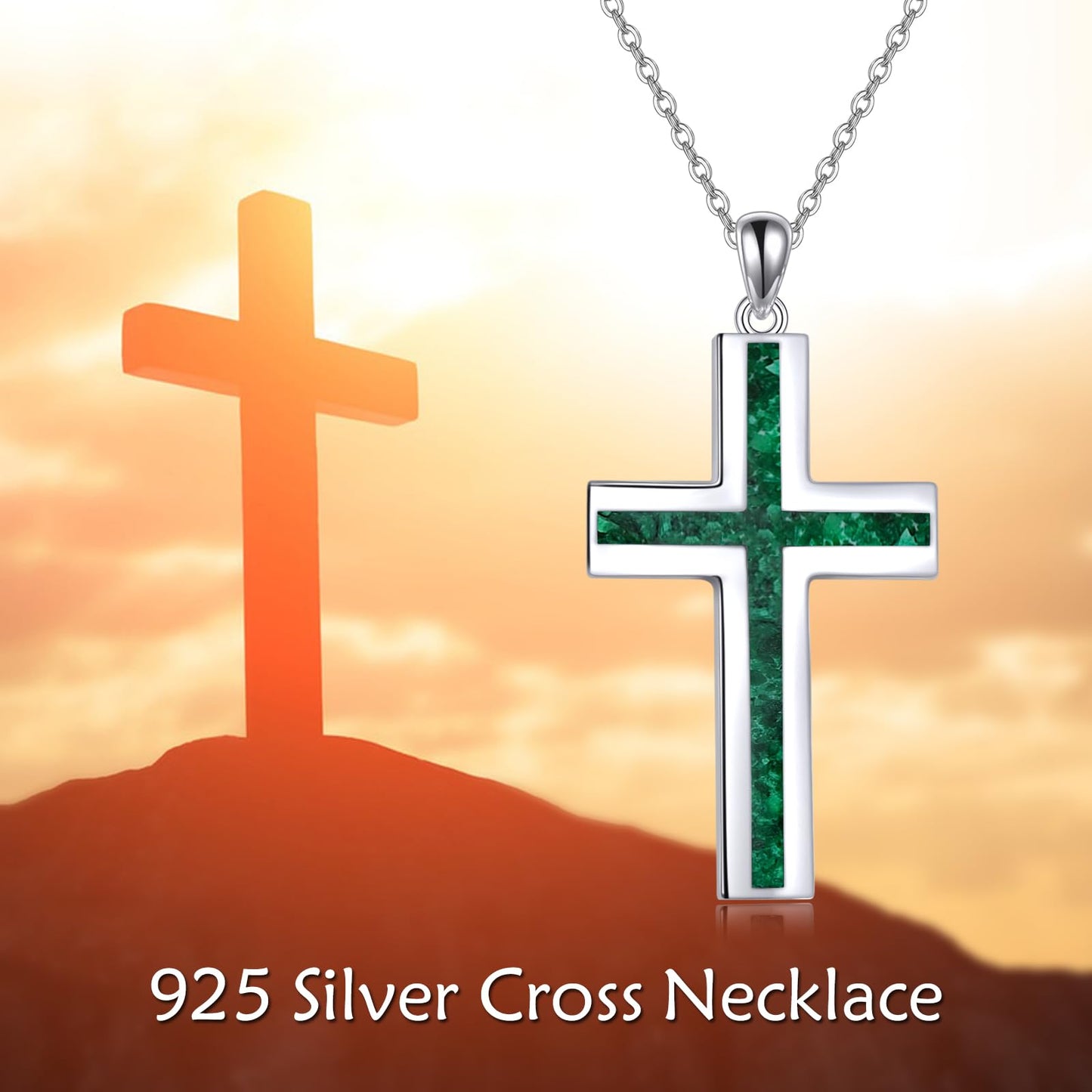 YFN Cross Necklace Sterling Silver Green Malachite Cross Pendant Jewelry Gifts for Women Men