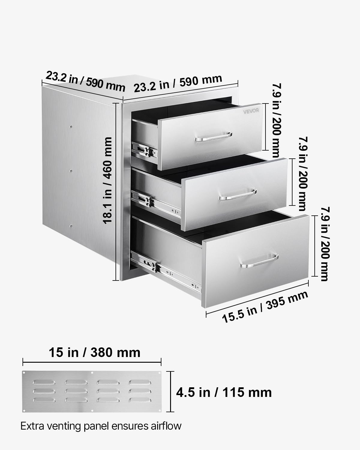 VEVOR Outdoor Kitchen Drawers 18.11"W x 23.23"D x 23.23"H, Triple-Access Stainless Steel BBQ Drawers with Handles, BBQ Island Drawer for Outdoor Kitchens or Barbeque Island Patio Grill Station