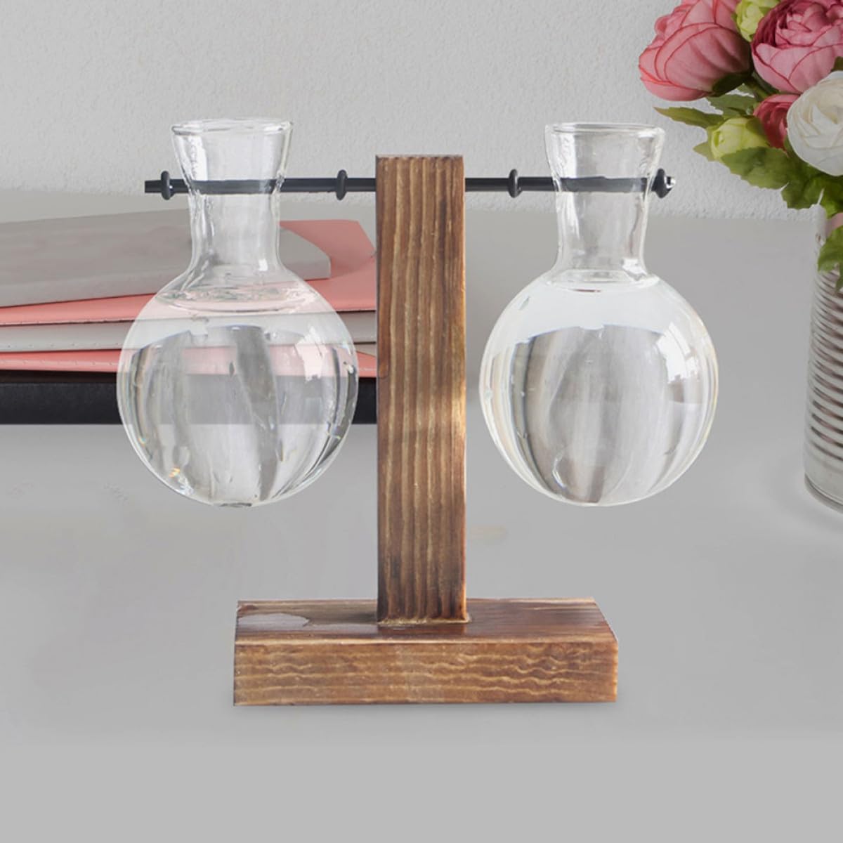 ROMISBABA 3pcs Glass Propagation Planter Vases with Wooden Stand, High Borosilicate Hydroponic Plant Holder Jars for Indoor Plant Propagation and Terrarium Decoration